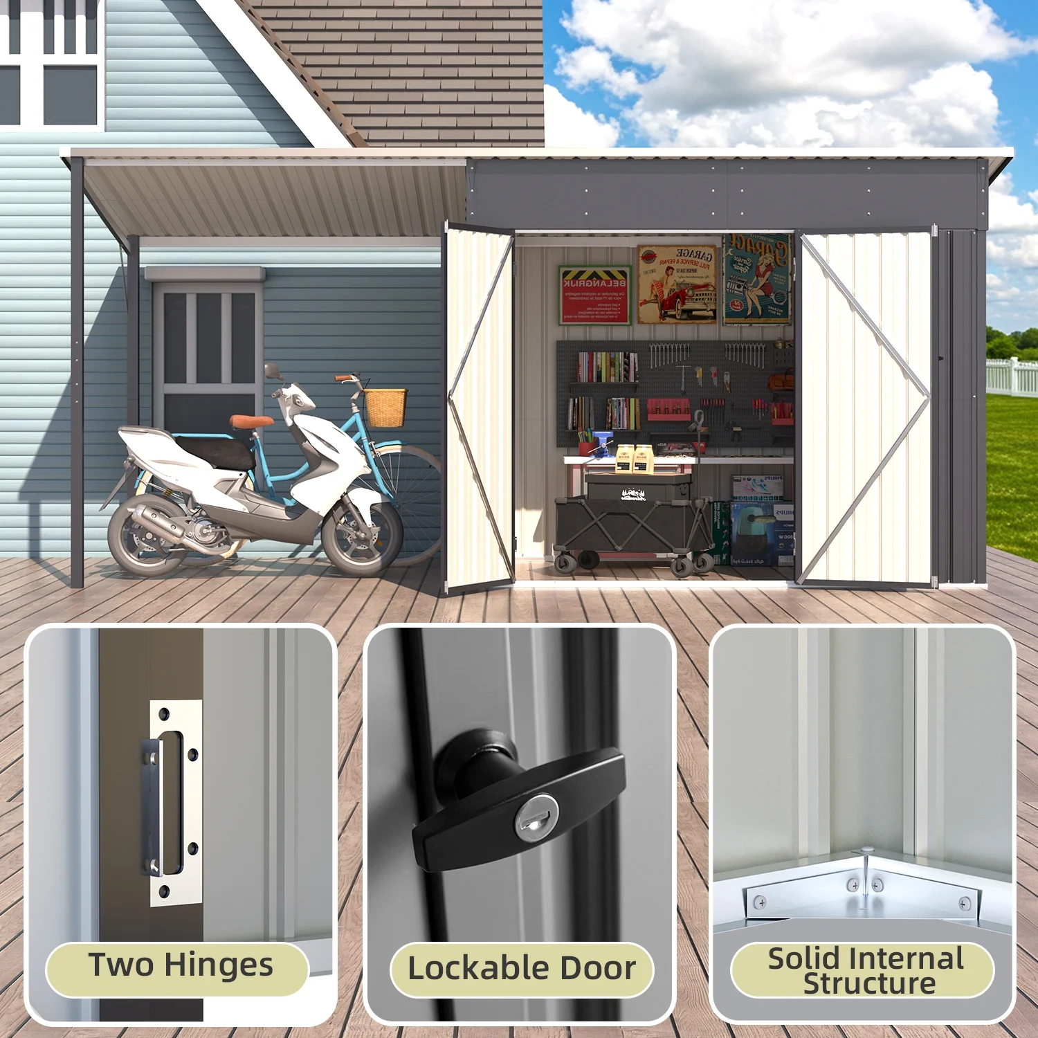 YODOLLA Outdoor Open-Sided Storage Shed, 3x5 Sheds & Outdoor Storage with 15 Sq. Ft Covered, 5x3 Small 2-in-1 Tool Shed with Attached Hardtop Metal Pergola Gazebo - Image 17