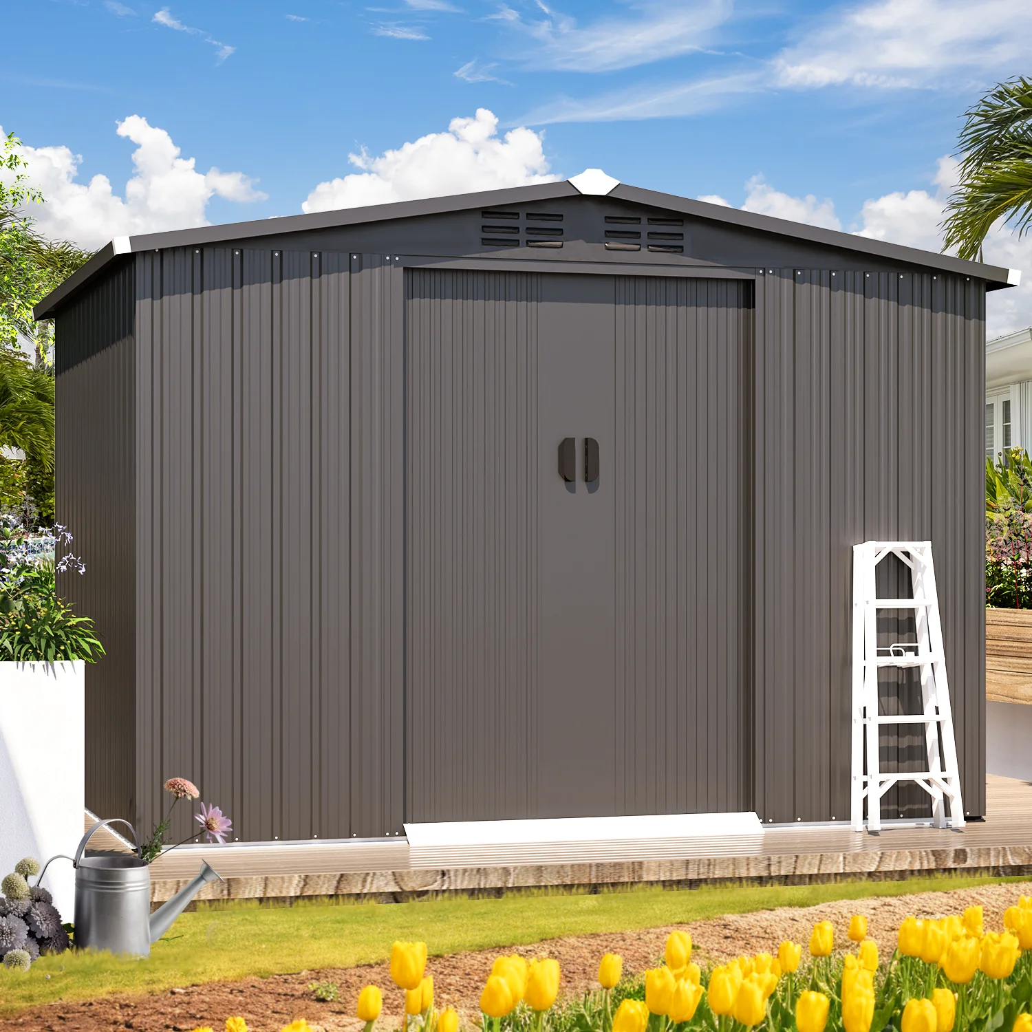 U-MAX 8 x 6 ft. Wood Grain Outdoor Metal Storage Shed with Lockable Door Patio Garden Storage Building for Outside - Image 10