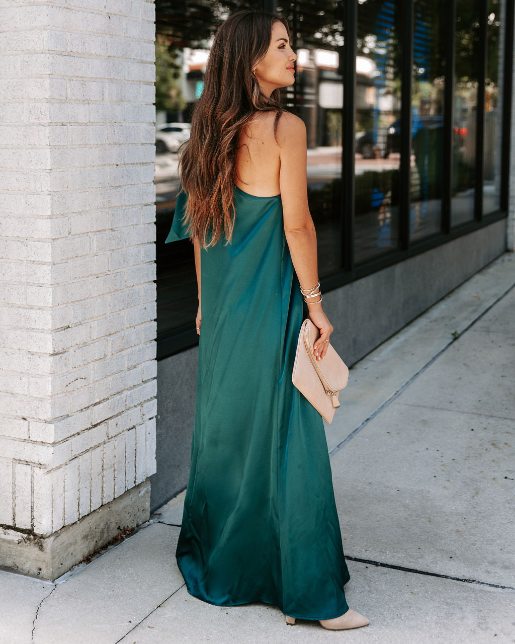 Invite Only Satin One Shoulder Maxi Dress - Dark Green - Se7enfashion