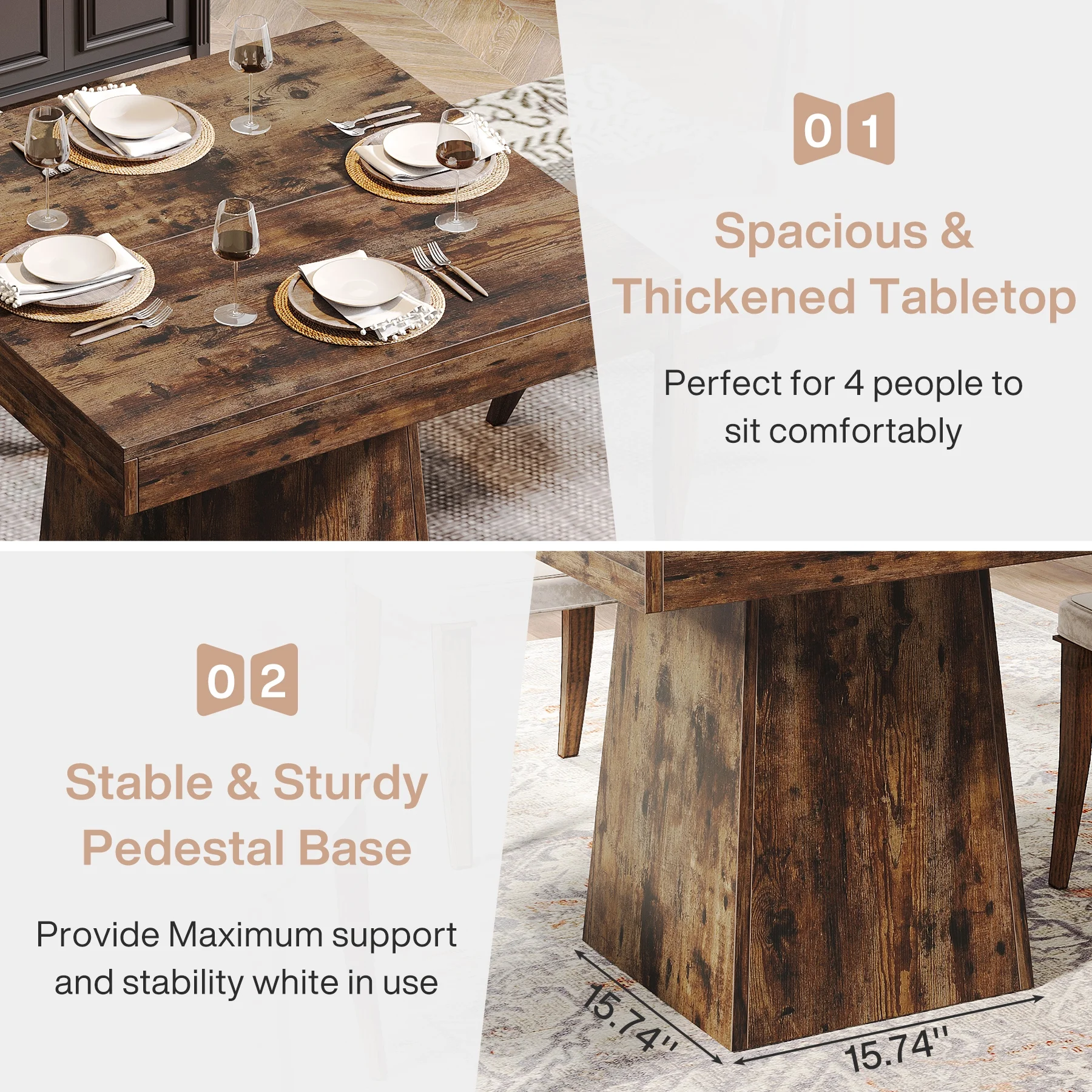 Tribesigns Square Dining Table for 4, 31.5-Inch Kitchen Table Small Dinner Table with Sturdy Pedestal Base, Farmhouse Dining Room Table for Home Dining Room, Living Room, Kitchen, Vintage Brown - Image 15
