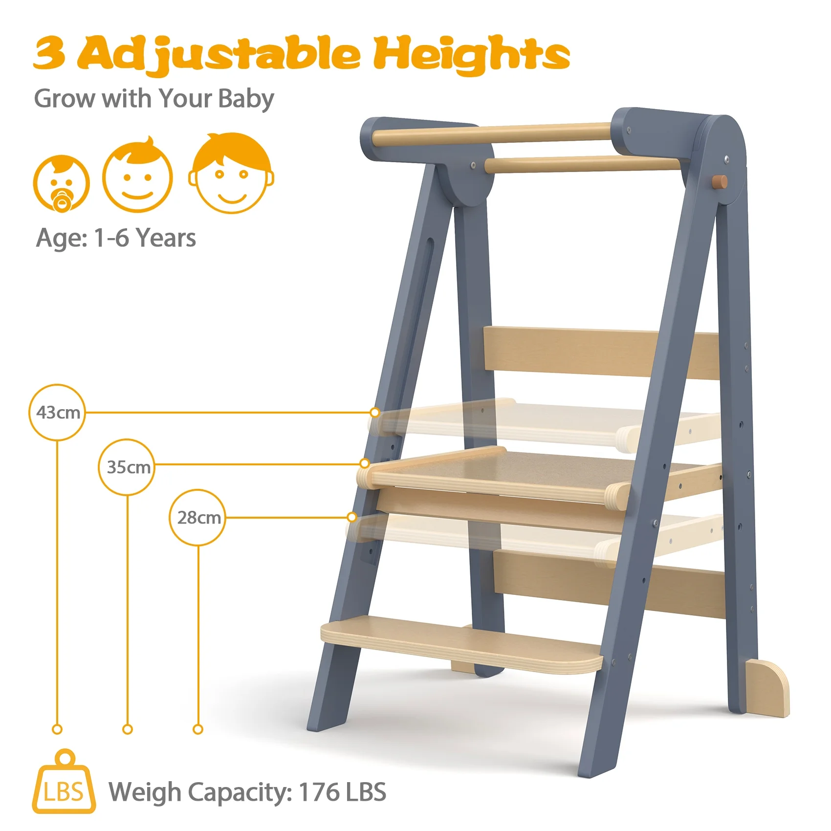 JOZ Kitchen Toddlers Step Stool, Montessori Kids Learning Stool, Foldable Toddler Tower for Counter, Standing Helper for Children, 3 Adjustable Heights, Wooden, White - Image 14