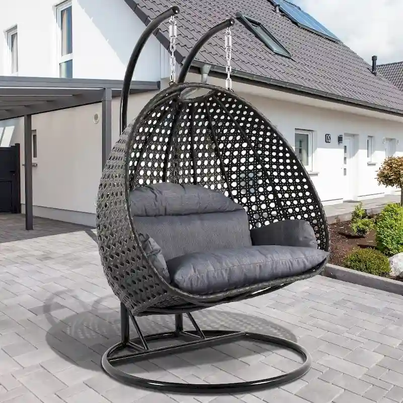 LeisureMod 2 Person Hanging Egg Chair with Stand - Outdoor/Indoor Rattan Wicker Patio Swing Hammock Lounger with Cushions