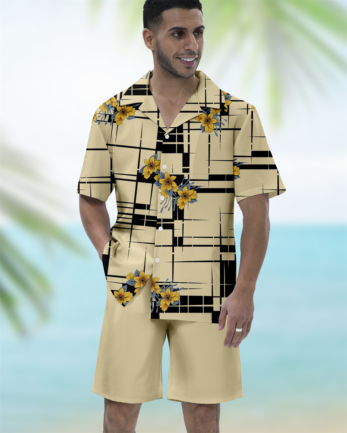Men's Vacation Bowling Cuban Collar Short Sleeve Shirt Set 058