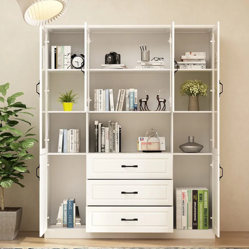 78.7-Inch Modular White Curio Cabinet with Glass Doors for Buffet Display
