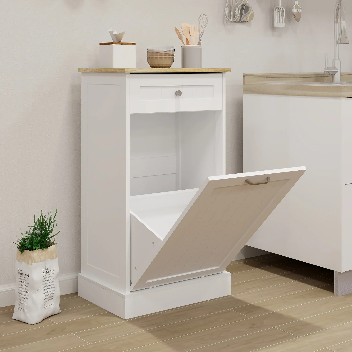 Tilt Out Trash Bin Cabinet 13 Gallon Pet Proof Trash Can Holder Kitchen Island Without Garbage Bin or Tilt Out Laundry Hamper,Hidden Trash can Cabinet Pull Out