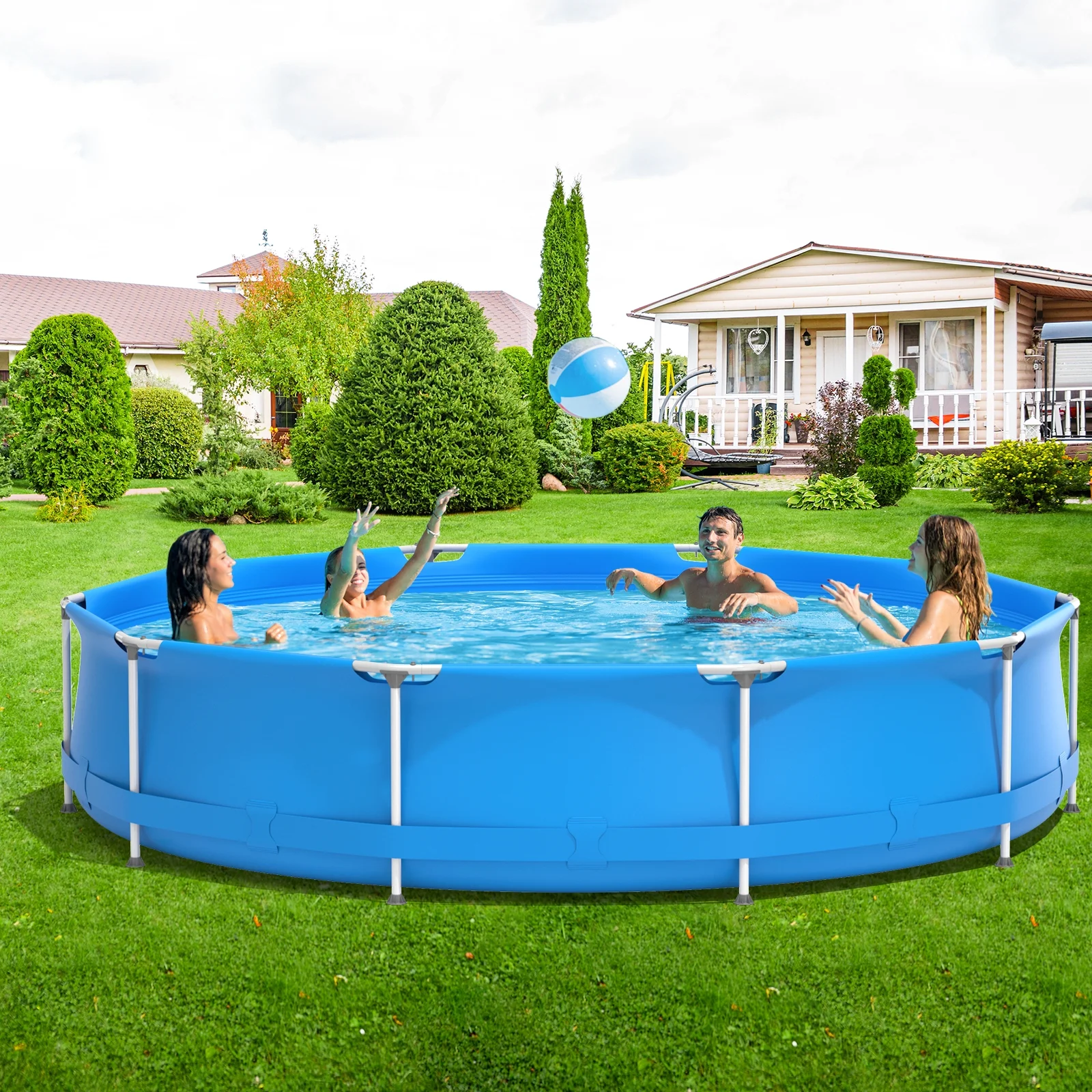 Infans Round Above Ground Swimming Pool Patio Frame Pool W/ Pool Cover Iron Frame Blue - Image 2