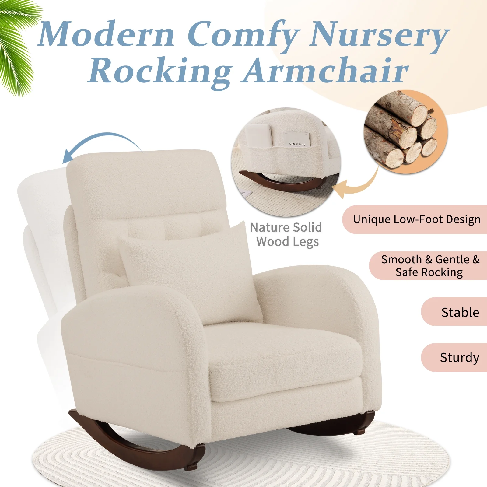 Ktaxon Rocking Accent Chair Glider Reading Chair Comfy Teddy Velvet Upholstered Single Sofa Rocker for Living Room, Nursery, Bedroom Beige - Image 8