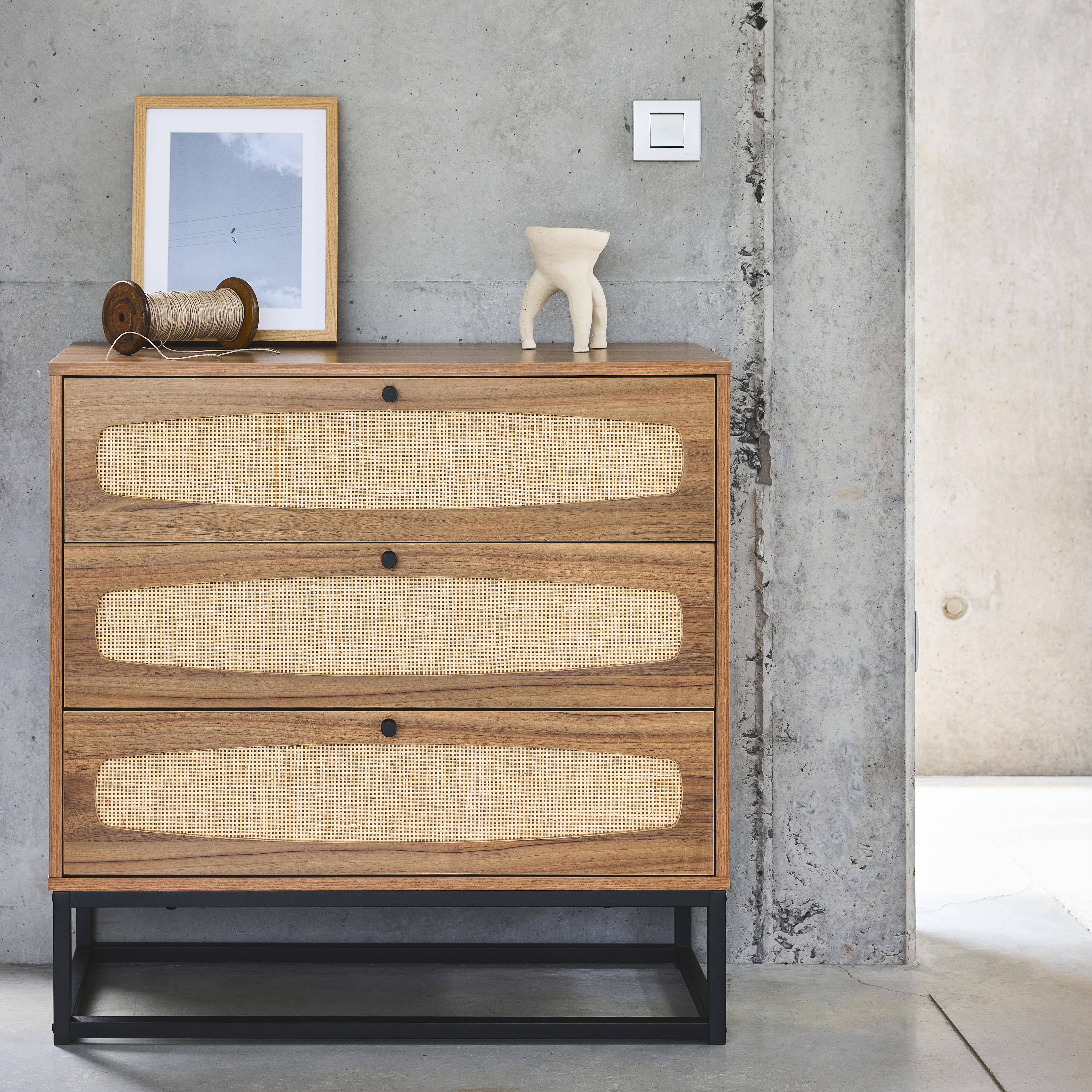 Retro - Cómoda de madera y caña, 3 cajones