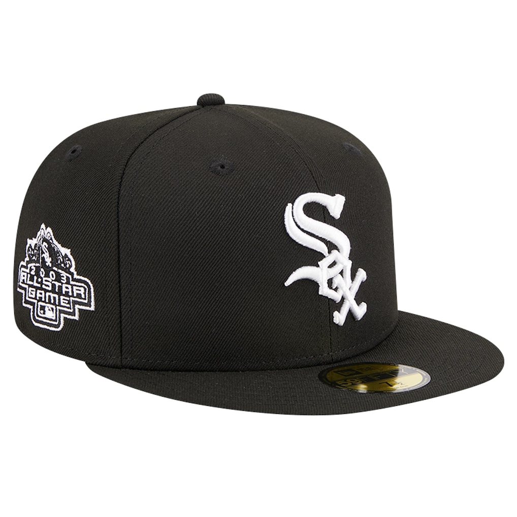 Three-quarter angled right view of the Men's New Era Black Chicago White Sox 59FIFTY Fitted Hat featuring the white team logo and the 2003 MLB All-Star Game side patch