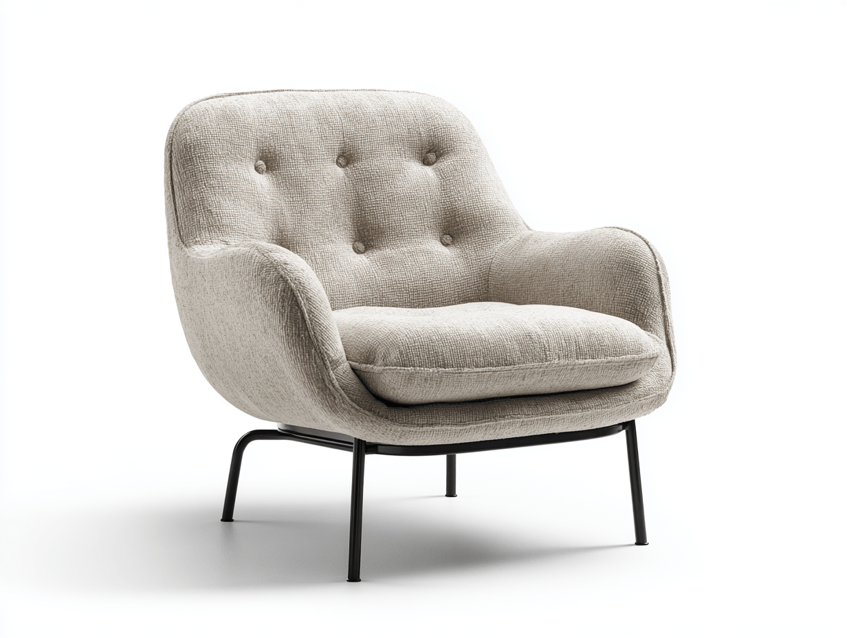 Sillón tapizado en tela beige claro 82×85×90 cm – estructura metálica negra – diseño contemporáneo