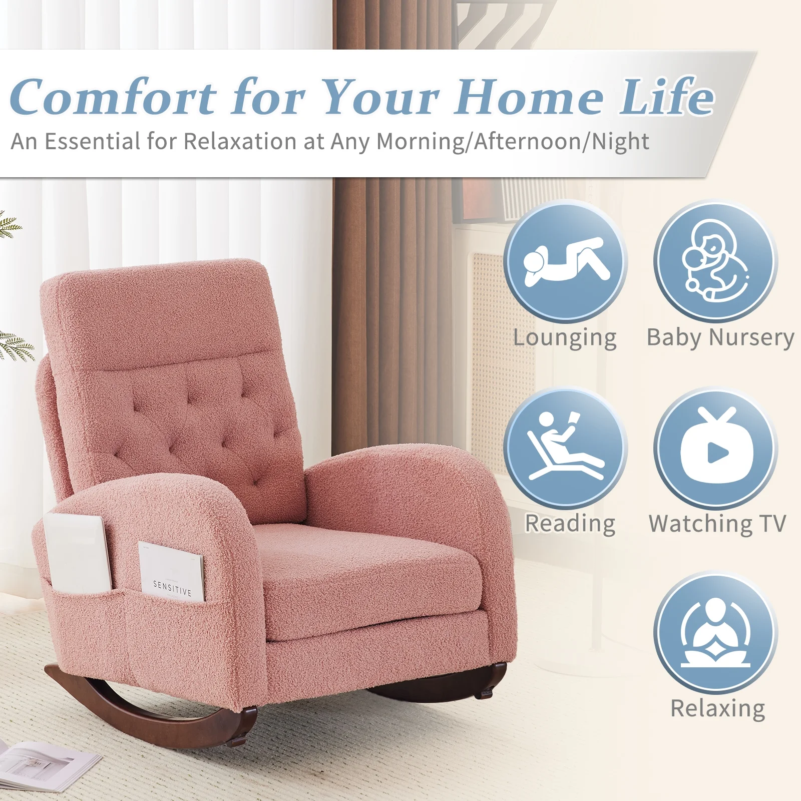 Ktaxon Rocking Accent Chair Glider Reading Chair Comfy Teddy Velvet Upholstered Single Sofa Rocker for Living Room, Nursery, Bedroom Beige - Image 61