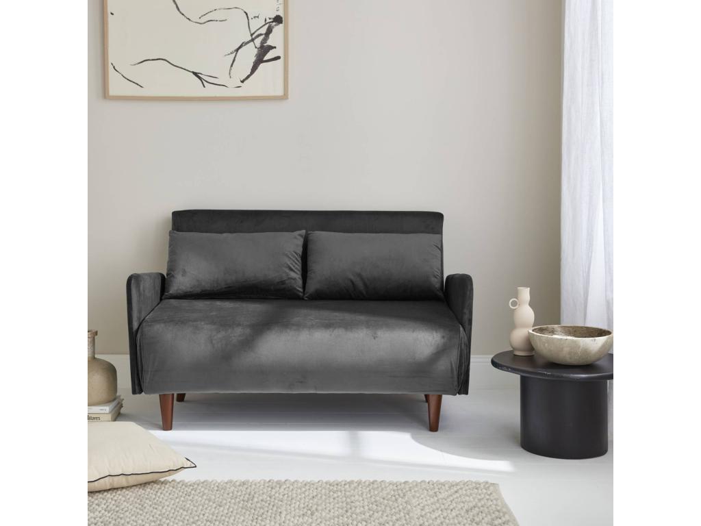 Sofá cama de terciopelo con patas de madera, 2 plazas gris oscuro
