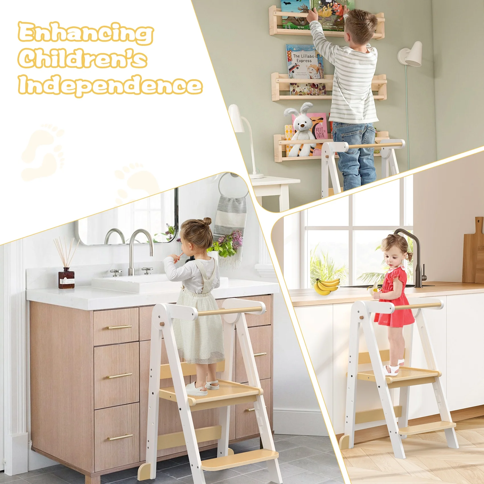 JOZ Kitchen Toddlers Step Stool, Montessori Kids Learning Stool, Foldable Toddler Tower for Counter, Standing Helper for Children, 3 Adjustable Heights, Wooden, White - Image 8