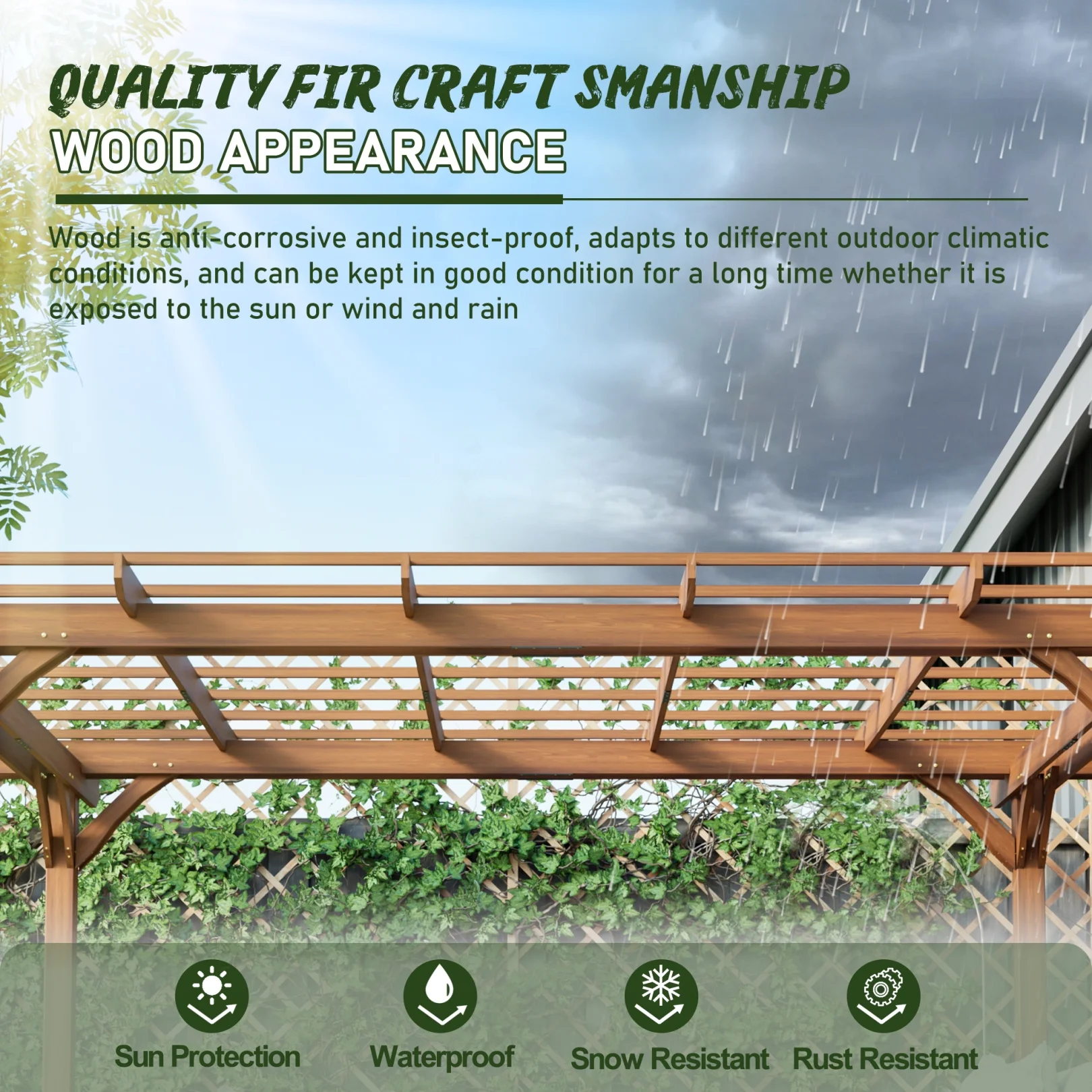 12 x 10 FT Outdoor Pergola, Wooden Pergola Gazebo with Climbing Plant Support and Waterproof, for Patio Porch Garden Backyard, Brown - Image 7