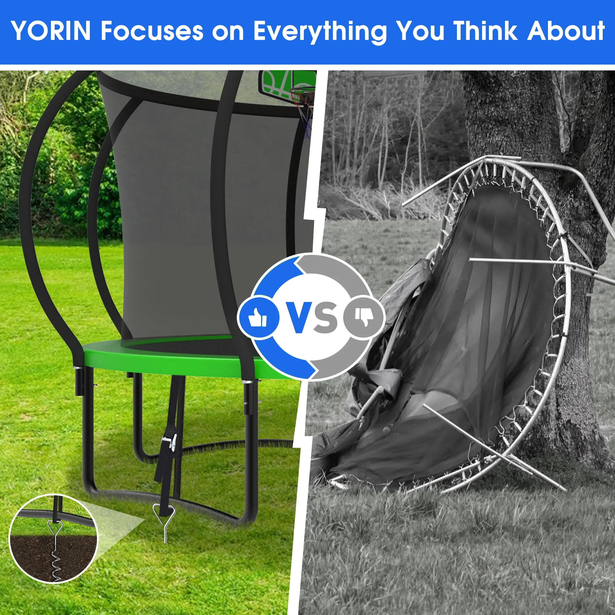 YORIN Trampoline with Trampoline Light, 1200LBS 12FT Trampoline for 5-6 Kids Adults, Recreational Trampoline with Basketball Hoop, Ladder, Galvanized Outdoor Heavy Duty Trampoline - Image 14