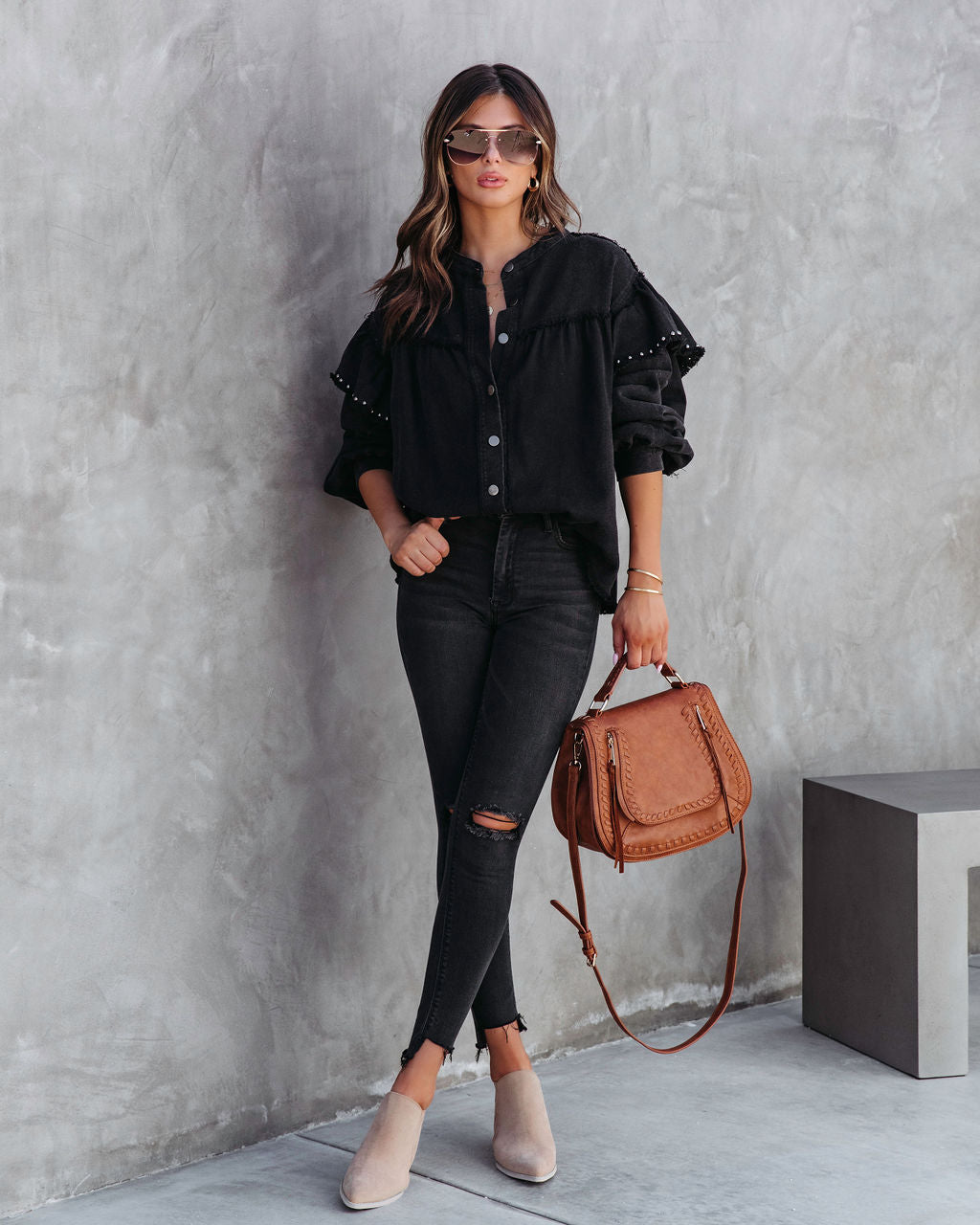 Darcey Denim Studded Frayed Lightweight Jacket - Black - SALE - Se7enfashion