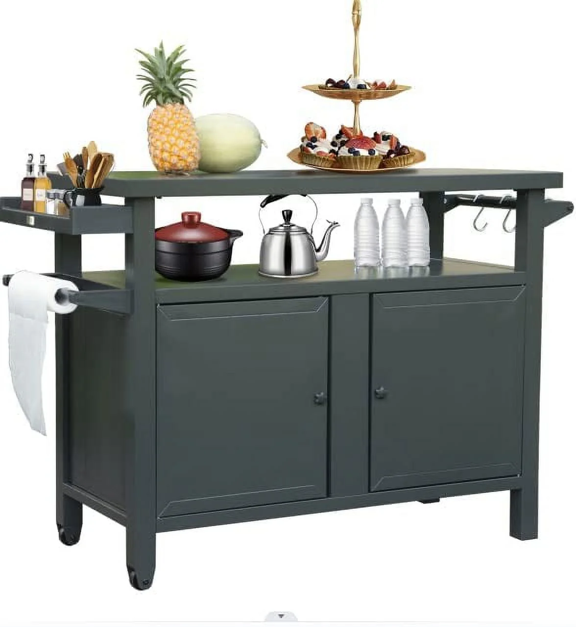 Domi Grill Carts Outdoor with Storage and Wheels, Whole Metal Portable Table and Storage Cabinet for BBQ,Deck,Patio,Backyard(Dark Grey,L45x W20.31x H35.51 Inch) - Image 2