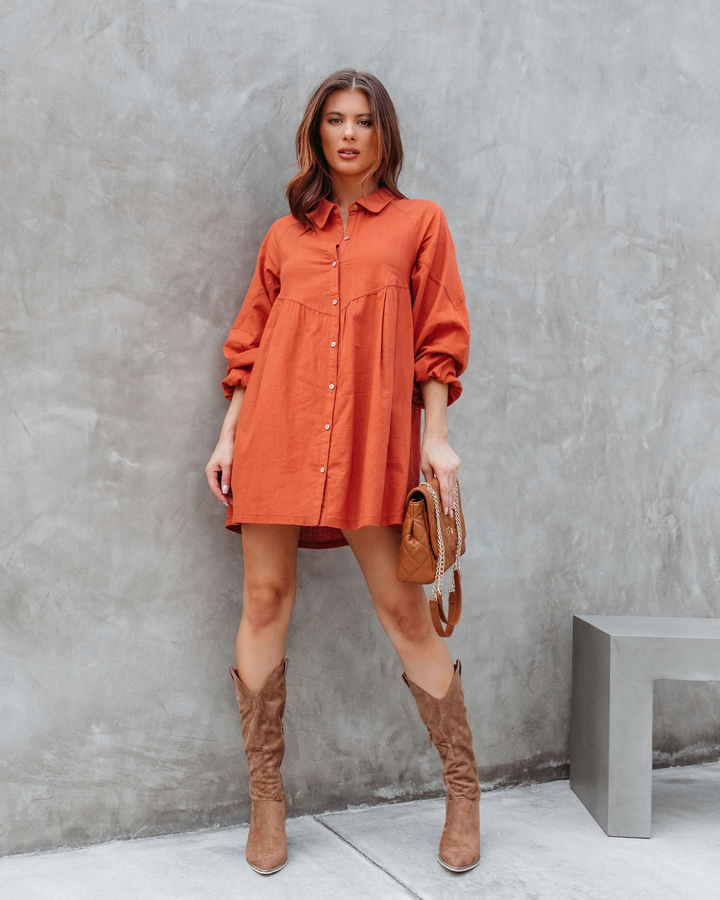 Little Bit Of Spice Pocketed Button Down Shirt Dress - Rust - Se7enfashion