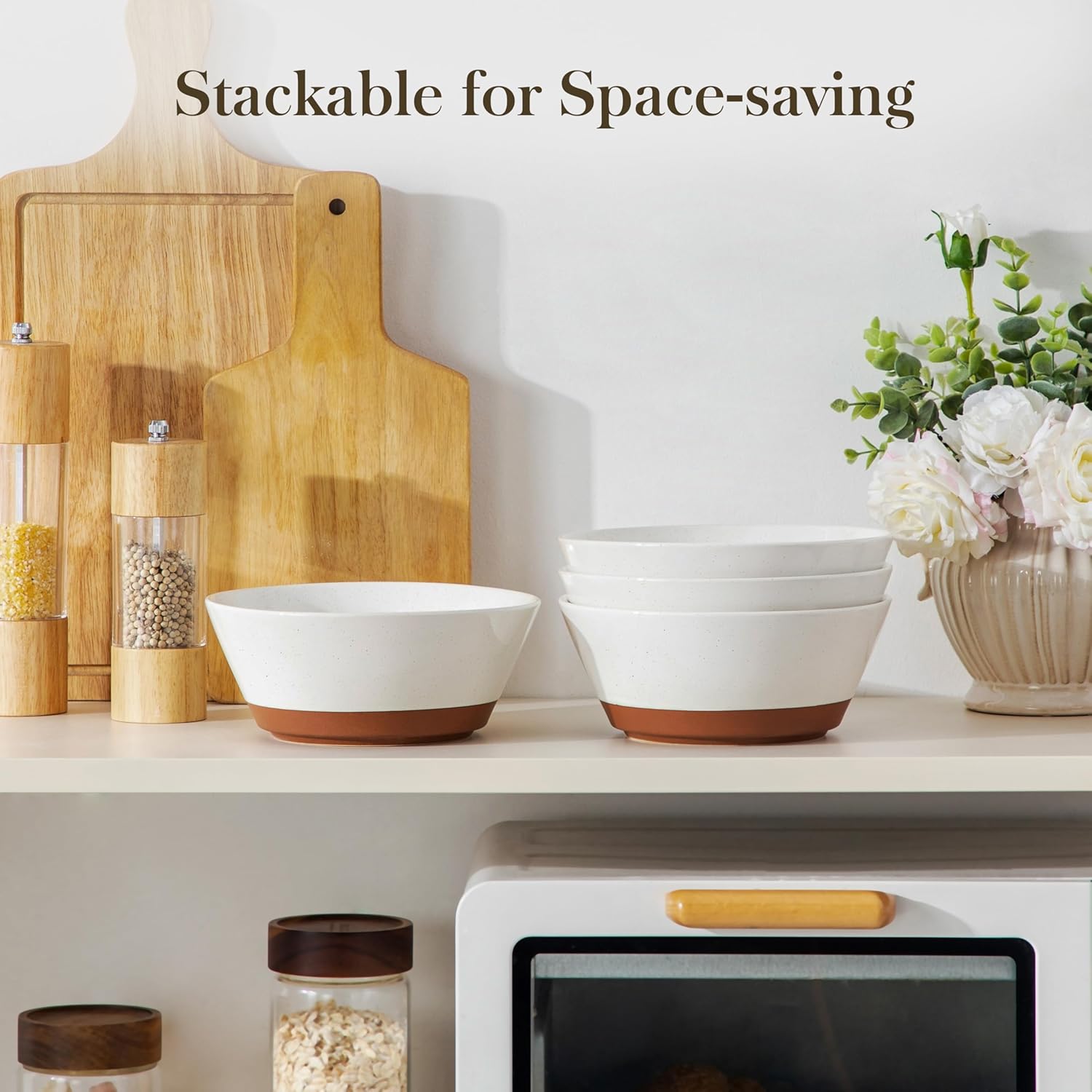 MALACASA Soup Bowls, Ceramic Salad Bowls Set of 4, 36oz Ceramic Bowls for Ramen, Cereal, Fruit and Pho, Microwave & Dishwasher Safe, Speckled Deep Bowls, Vanilla White & Brown
