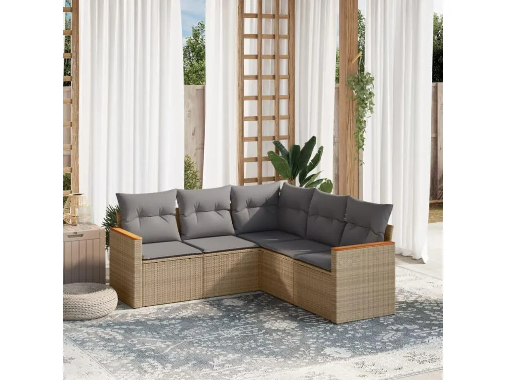 Juego de sofás jardín con cojines beige mezcla 5 piezas ratán PE
