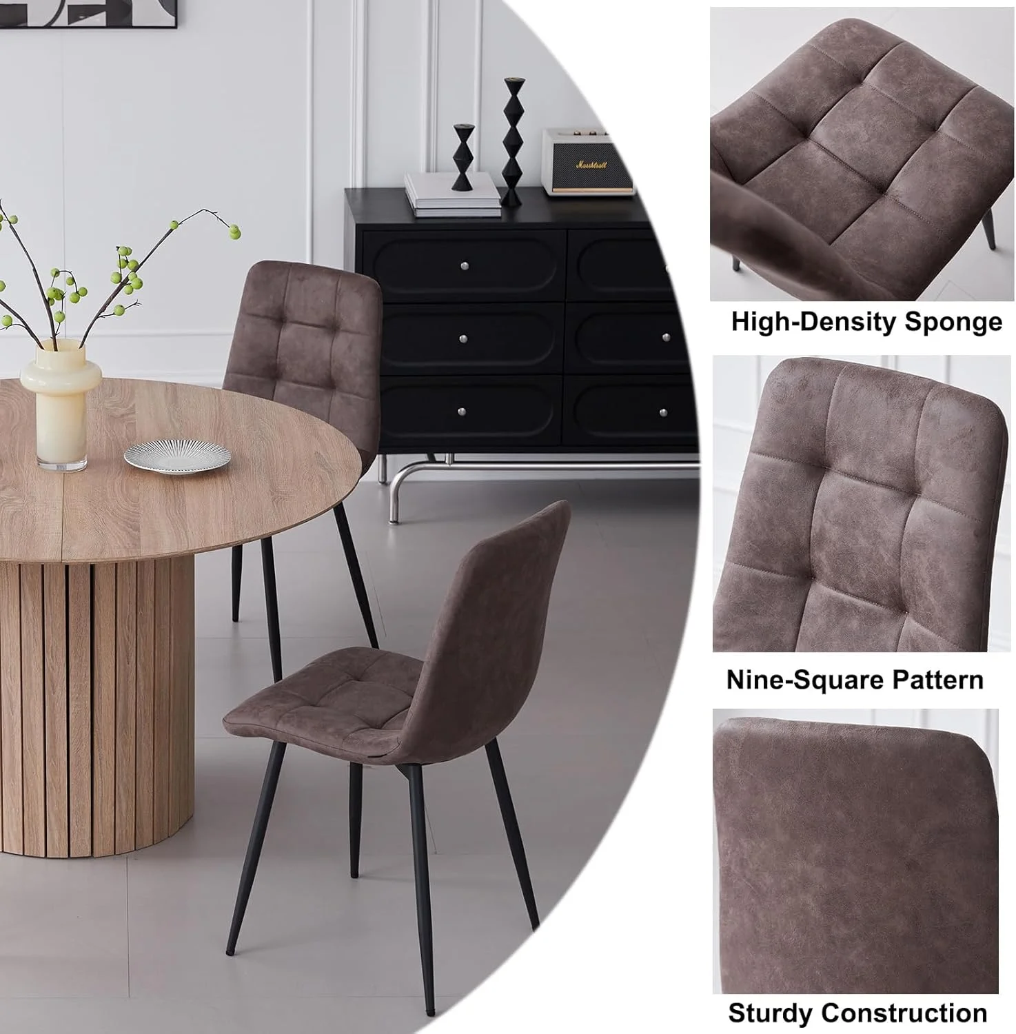5 Piece Round Dining Table Set - Mid-Century 47 inch Oak Dining Table with 4 Brown Faux Leather Chairs Set, Dinner Table & Chair with Metal Legs for Kitchen Dining Room, Apartment, Bedroom - Image 11