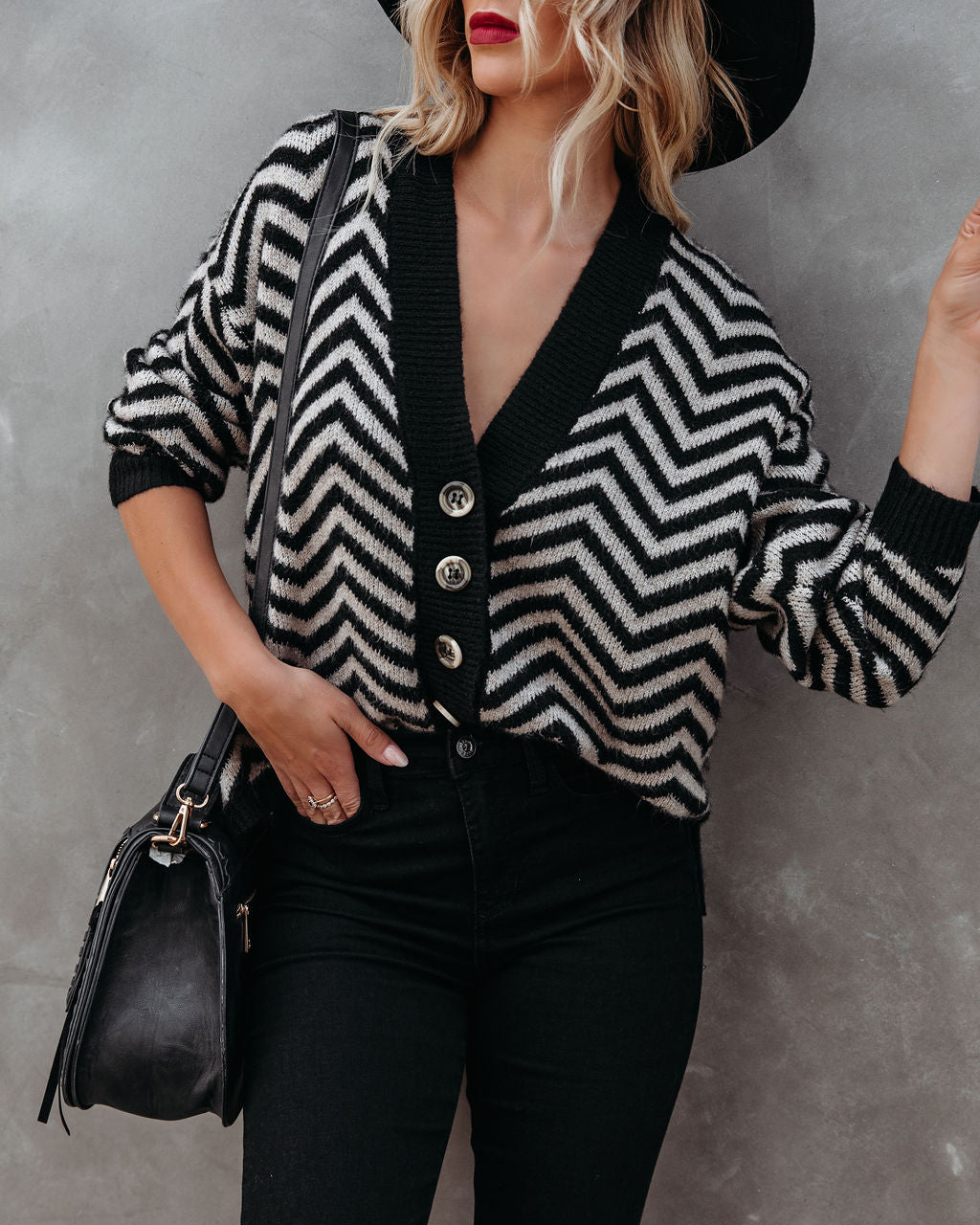 Halston Button Front Chevron Knit Cardigan - Se7enfashion