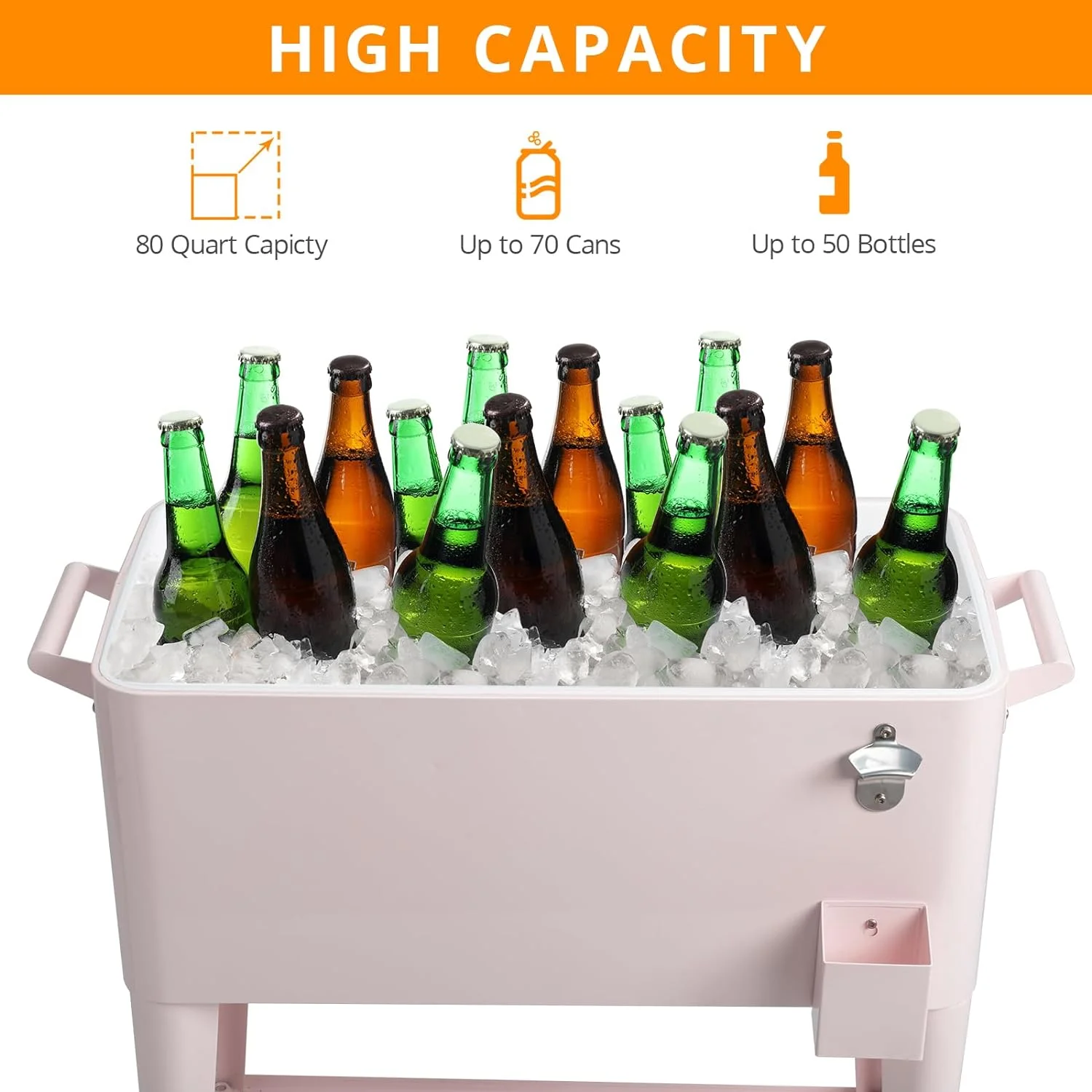 80 Quart Rolling Ice Chest, Portable Bar Drink Cooler with Catch Basin, Bottom Storage Tray and Bottle Opener for Patio Party BBQ Beach Activities - Image 5