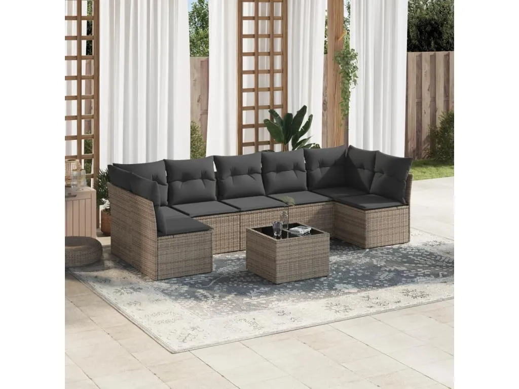 Set de sofás de jardín 8 pzas y cojines ratán sintético gris NJQA22107