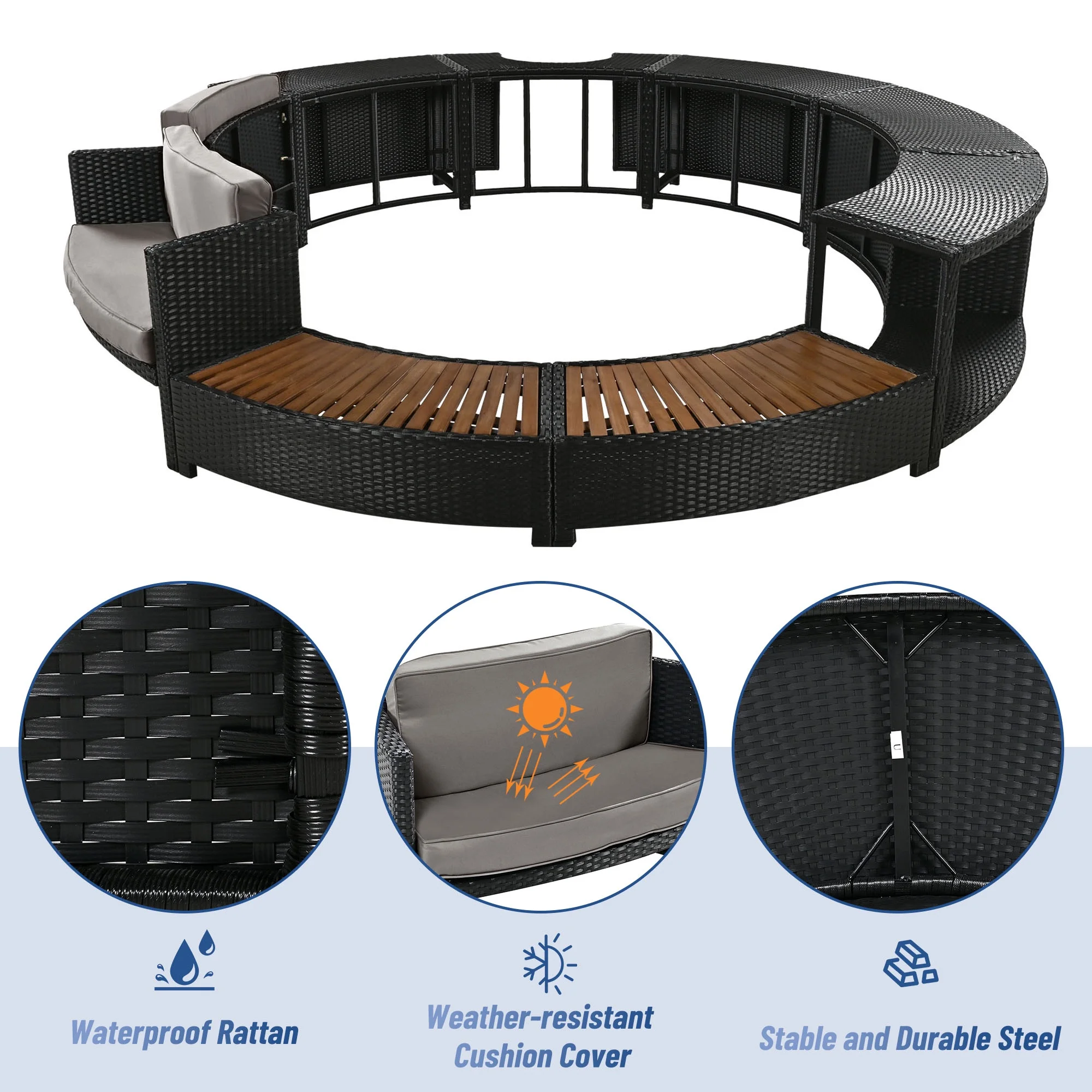 Round Hot Tub Surround Furniture, Spa Surround Outdoor Rattan Sectional Sofa Set with Mini Sofa, Solid Acacia Wood Hot Tub Storage Surround Patio Furniture Set, Gray Cushion - Image 2