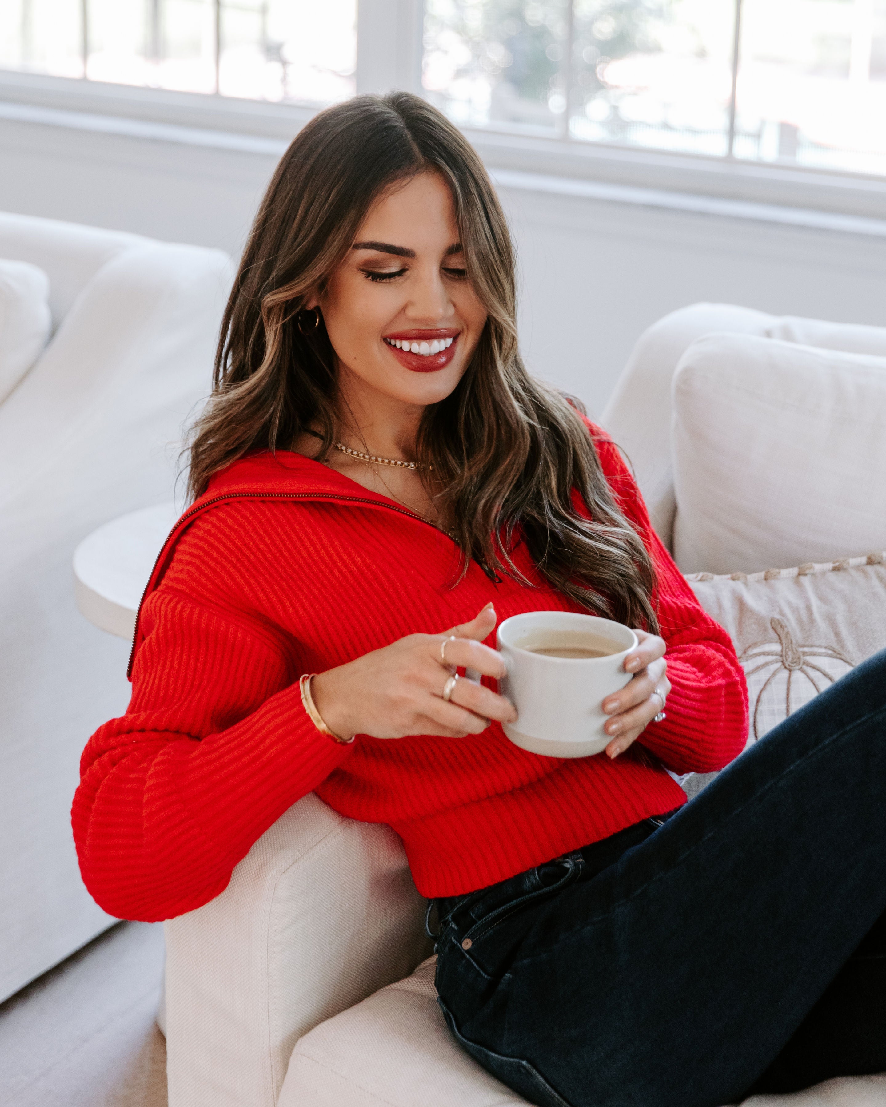 We Love It Half Zip Pullover Sweater - Red - Se7enfashion
