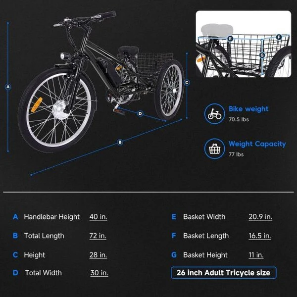 26 Inch Adult 3 Wheel Electric Tricycle With Basket, Fat Tires, 7 Speeds, 350W Motor, 36V 10Ah Battery - BICYCLE - Image 2 26 Inch Adult 3 Wheel Electric Tricycle With Basket, Fat Tires, 7 Speeds, 350W Motor, 36V 10Ah Battery - BICYCLE - Image 2
