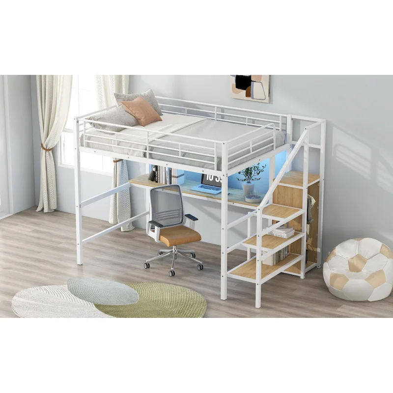 Complete Loft Bed Set with Desk, Storage Staircase, Compact Wardrobe, and LED Lighting