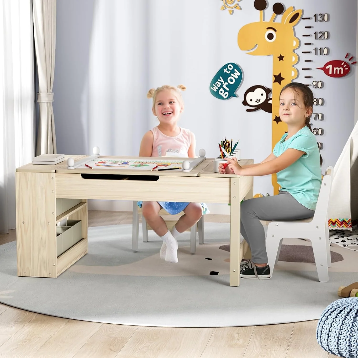 LAZY BUDDY Kids Art Table and 2 Chairs Set, 2 in 1 Easel & Toddler Craft Table and Chairs Set with Storage Bins, Paint Cups and Paper Roll, Activity Table Set for Children 3+ - Image 15