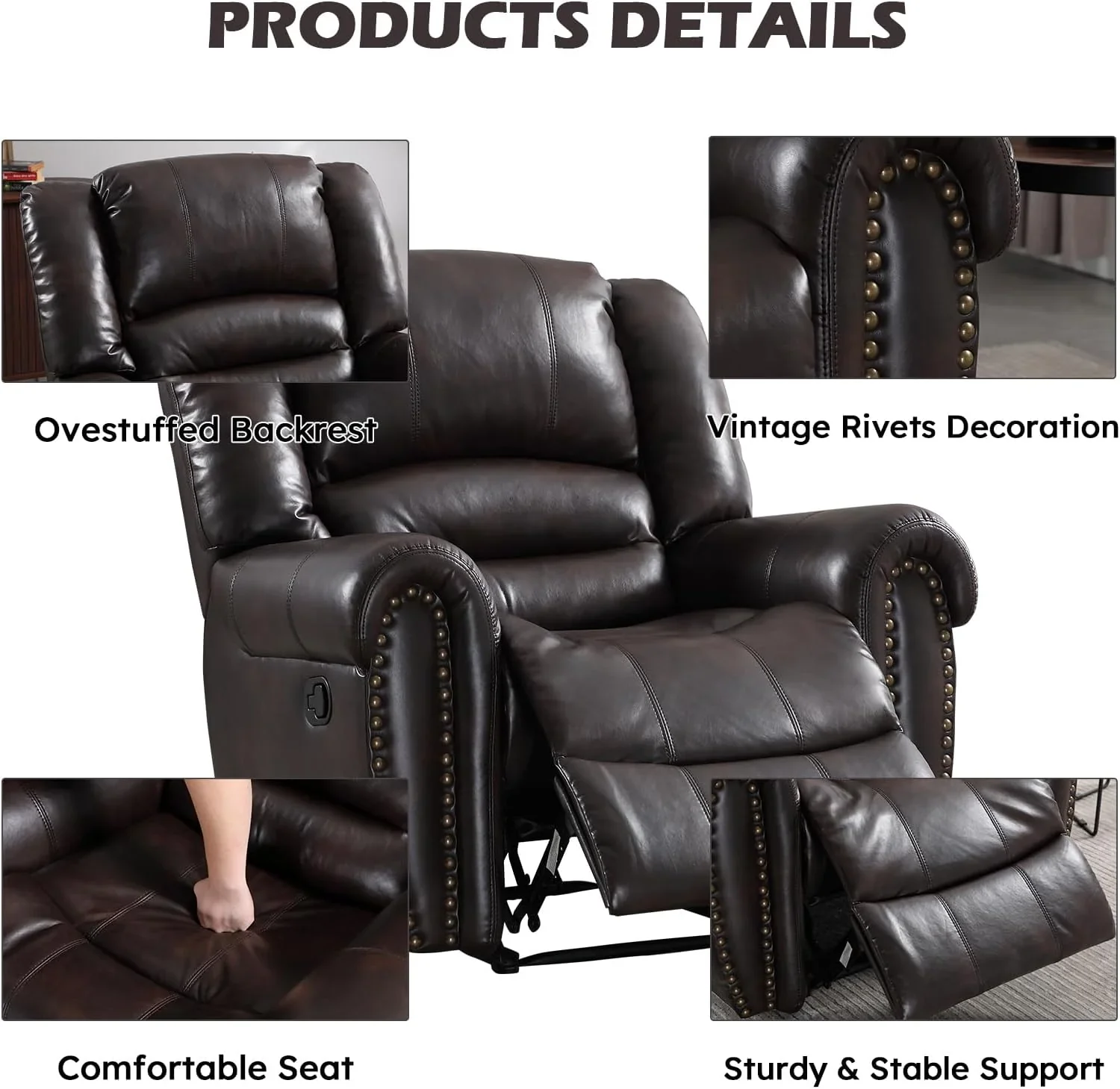 CANMOV Leather Recliner Chair, Classic and Traditional Manual Recliner Chair with Comfortable Arms and Back Single Sofa for Living Room, Nut Brown