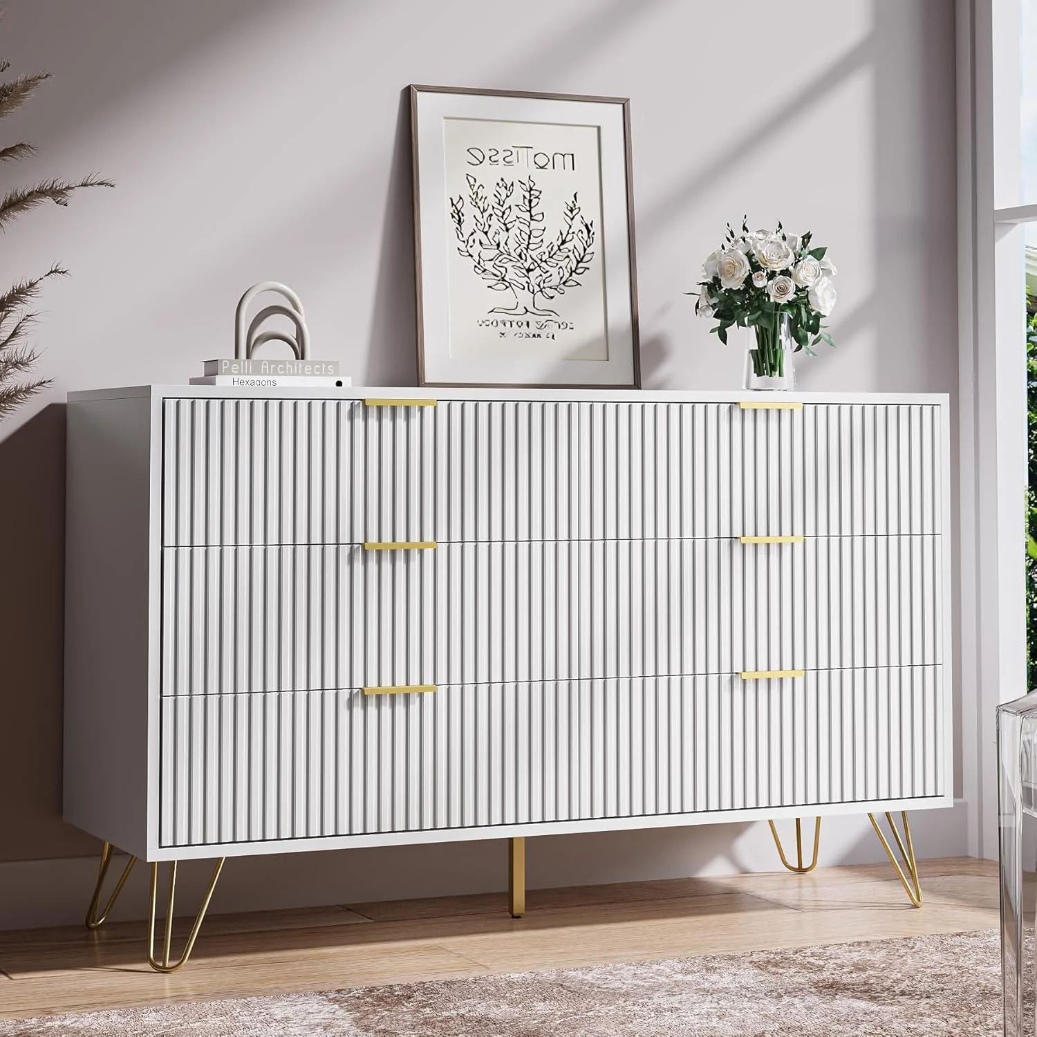 FURNIWAY White 6 Drawer Dresser for Bedroom, Modern Dresser with Gold Metal Handles,Fluted Wood TV Stand for Living Room, Hallway - Image 7