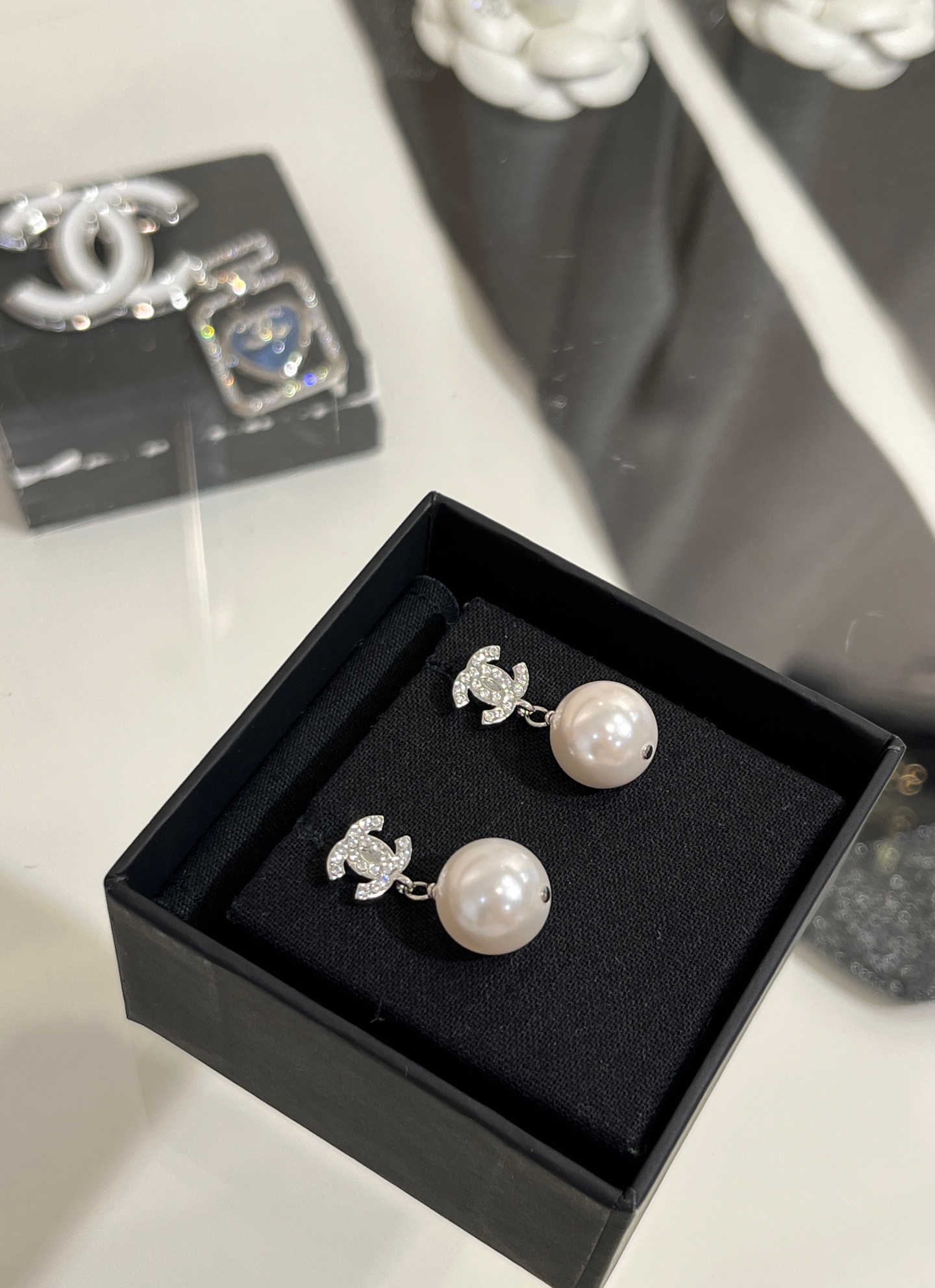 Chanel Classic Silver Coco Pearl Drop Earrings - Original Replica Club