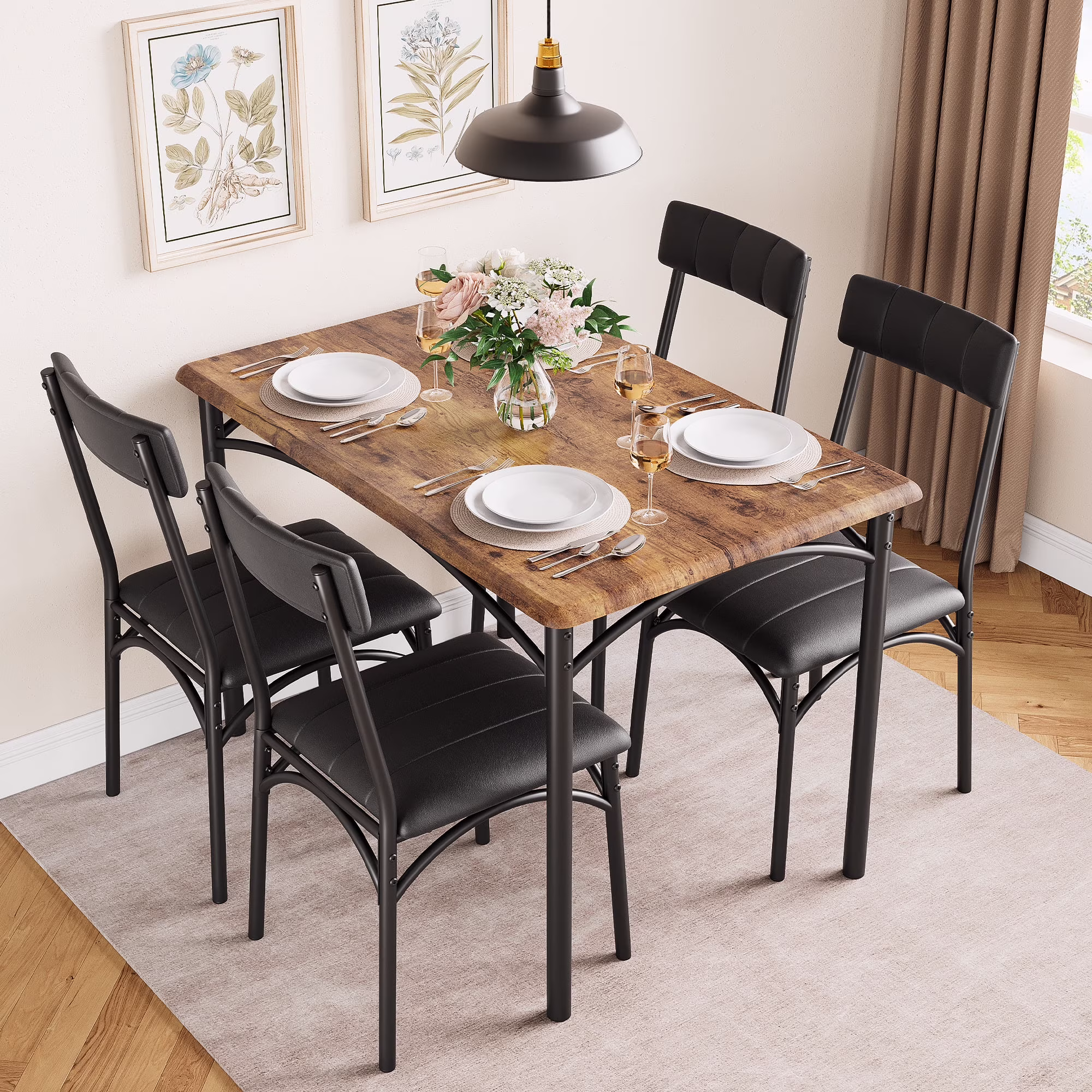 Zzistar 5 Piece Dining Table and Chairs Set, Wood Rectangular Dining Table with 4 Upholstered Chairs(Brown)