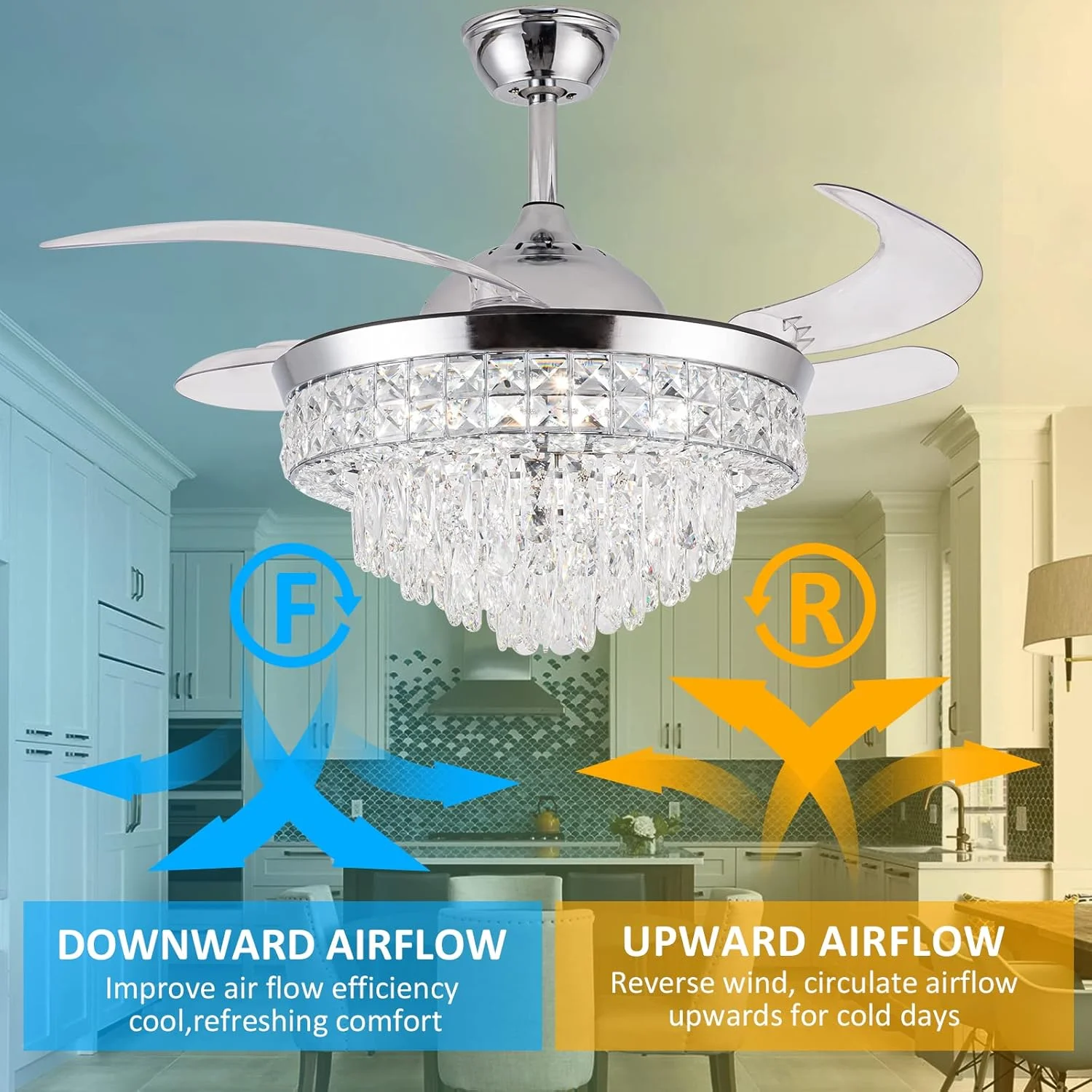 Datingday 42 Inch Crystal Ceiling Fan Golden Crystal Ceiling Fan Chandelier with Remote 6 Speeds 3 Colors Changes Lighting Fixture, 4 Blades Retractable Fans for Bedroom Living Room Dining Room - Image 18