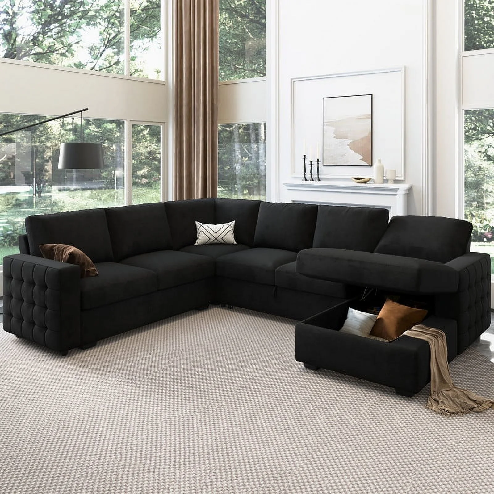 HONBAY Modular Sectional Pull-Out Sofa Bed with Storage Velvet U-Shaped Convertible Sleeper Sofa for Living Room, Blue - Image 19