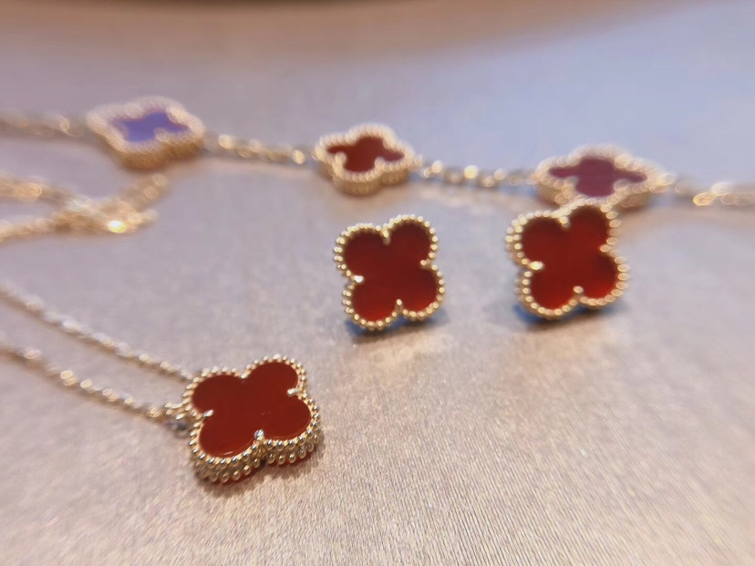 VCA Red Carnelian Vintage Alhambra Earrings Bracelet Necklace - Original Replica Club