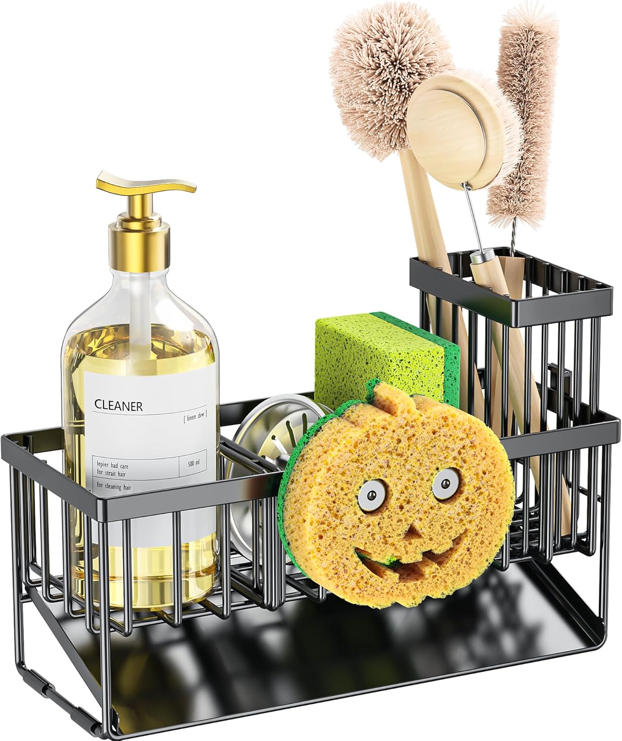 Cisily Kitchen Sink Caddy Organzier with High Brush Holder, Sponge Holder for Sink, 304 Rustproof Stainless, Kitchen Countertop Soap Dispenser Organizer (Black With Smiley Face Holder, 9.25″)