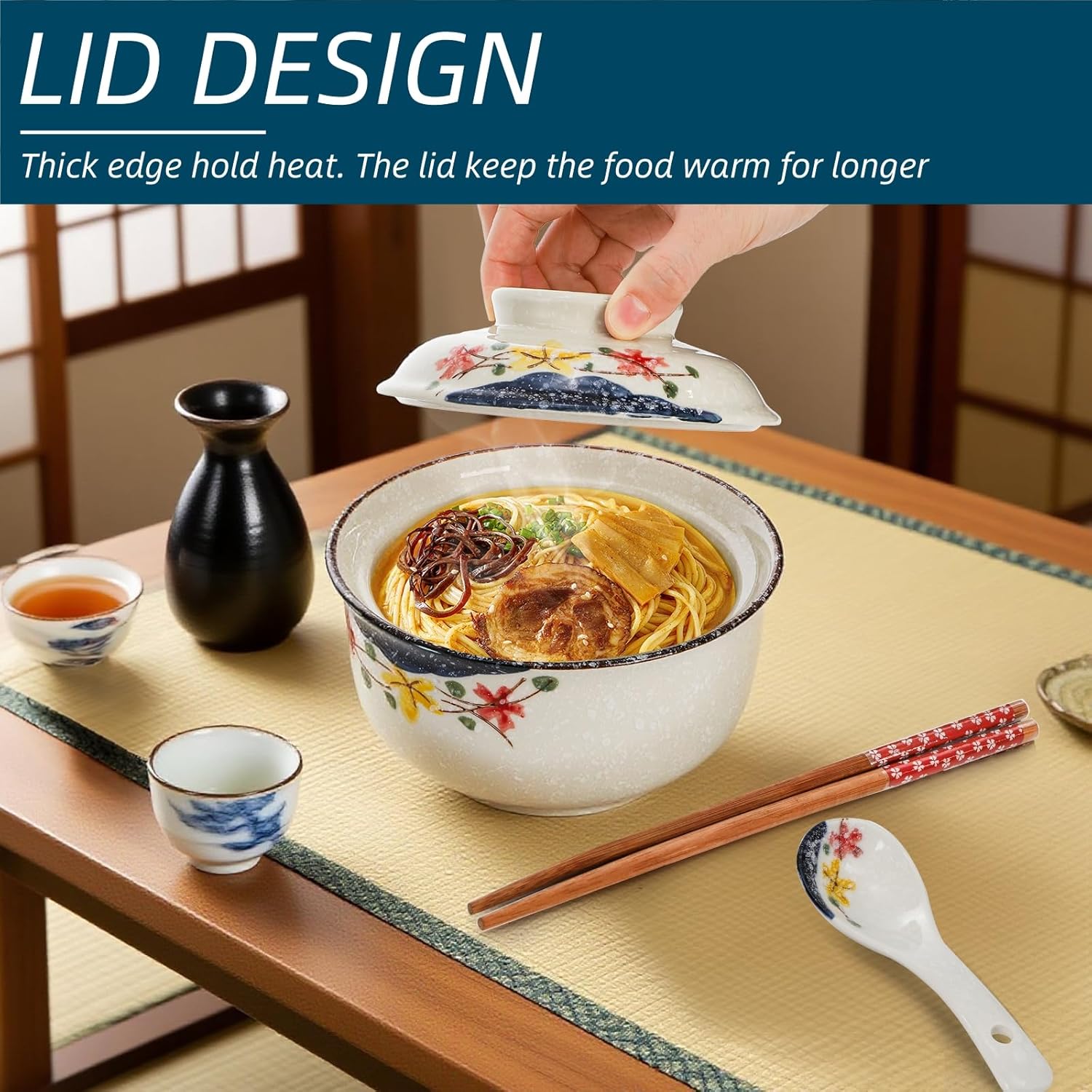 2 Pieces Ceramic Ramen Bowls, 25 Oz Large Soup Bowl with Lid, Spoon, Chopstick, Hand-painted Japanese Tableware for Noodles, Salad, Rice, Microwave Dishwasher safe