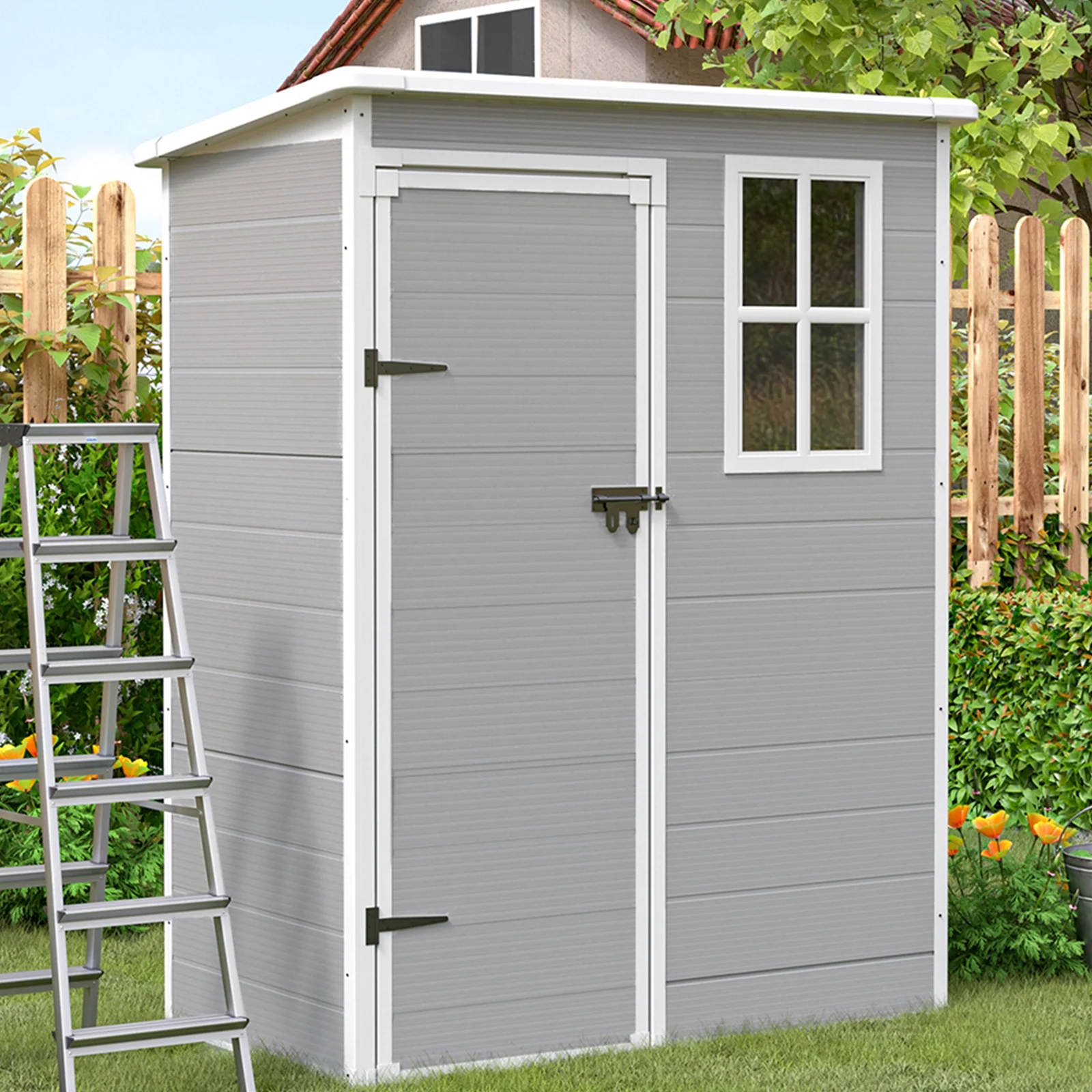 ECOPATIO Outdoor Storage Shed 5x3 FT, Resin Garden Shed for Bike, Tool, Plastic Outside Sheds & Outdoor Storage Storage Box with Lockable Door for Backyard, Patio, Lawn, Sandstone - Image 4