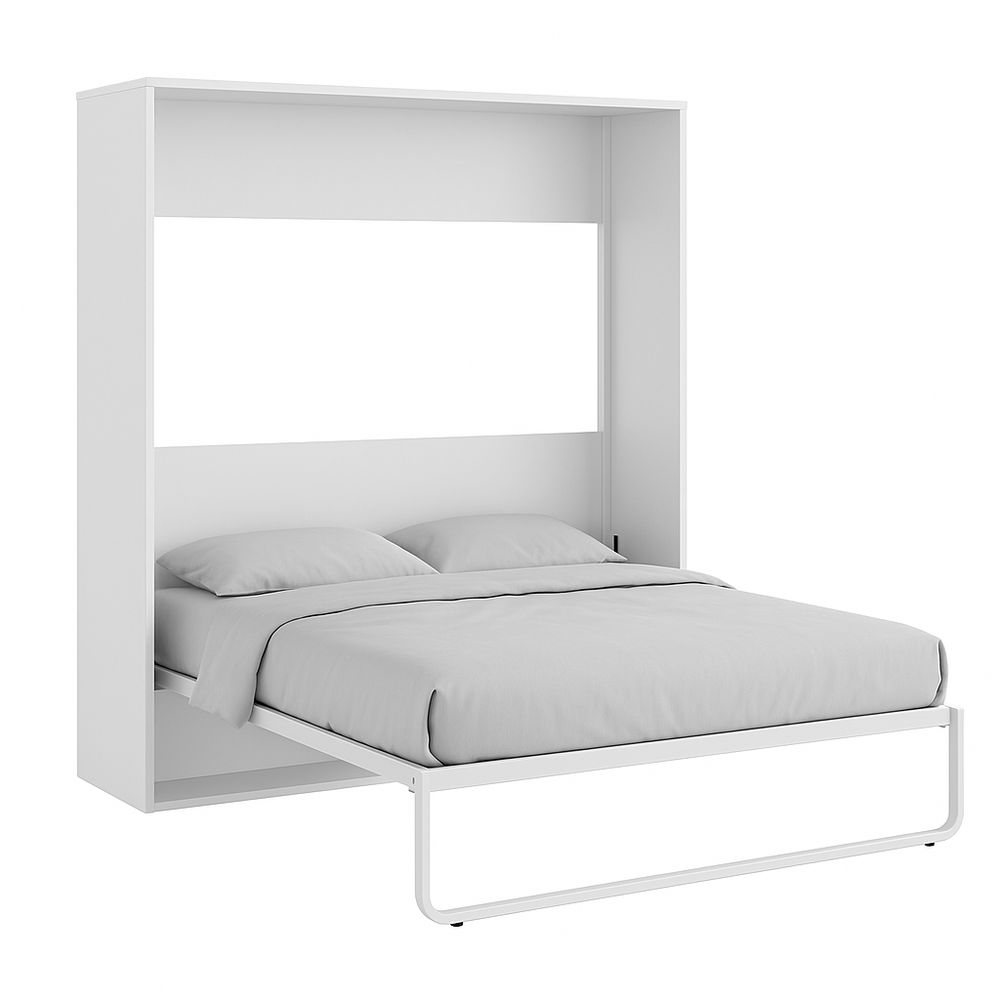 Cama abatible moderna de diseño minimalista con estructura de metal y madera, tamaño doble, color blanco, ideal para espacios reducidos