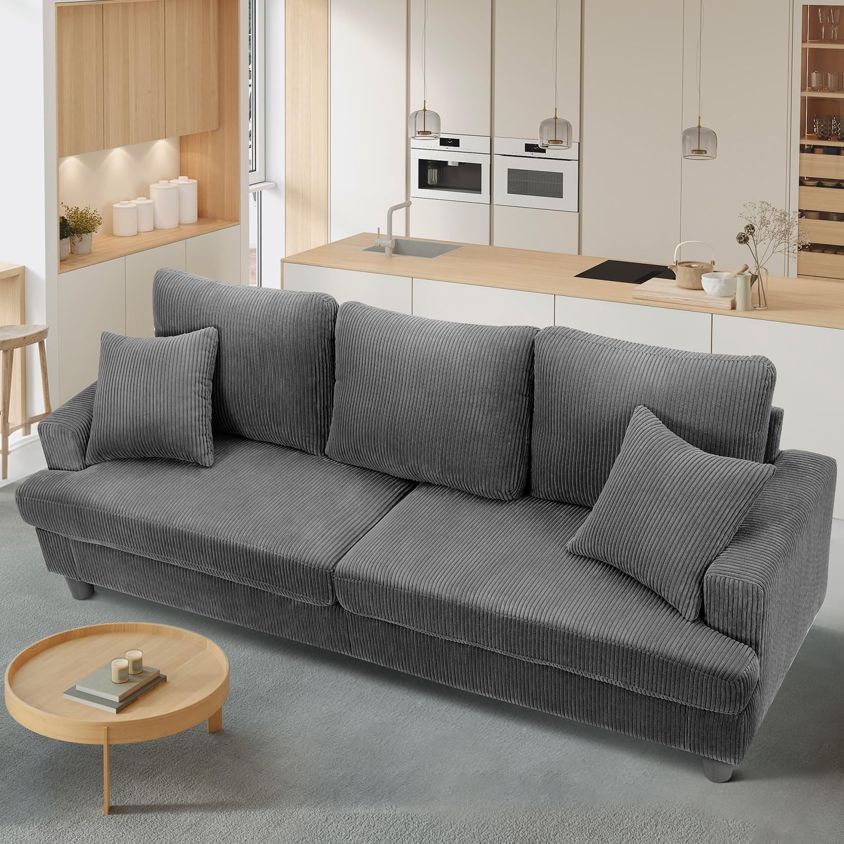 87" Corduroy Sofa,3 Seater Sofa with Extra Deep Seats,Neche Comfy Upholstered Couch for Living Room,2 Pillows,Green - Image 25