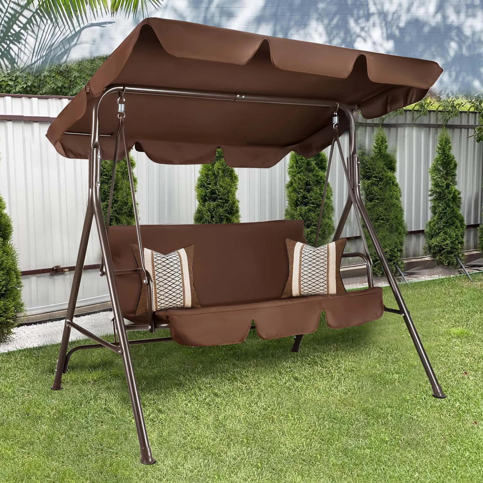 GVDV 3-Seat Steel Porch Paito Swing with Stand,Outdoor Swing Chair with Canopy,Yard swing&Outside swing,Canopy Swing-Brown - Image 4