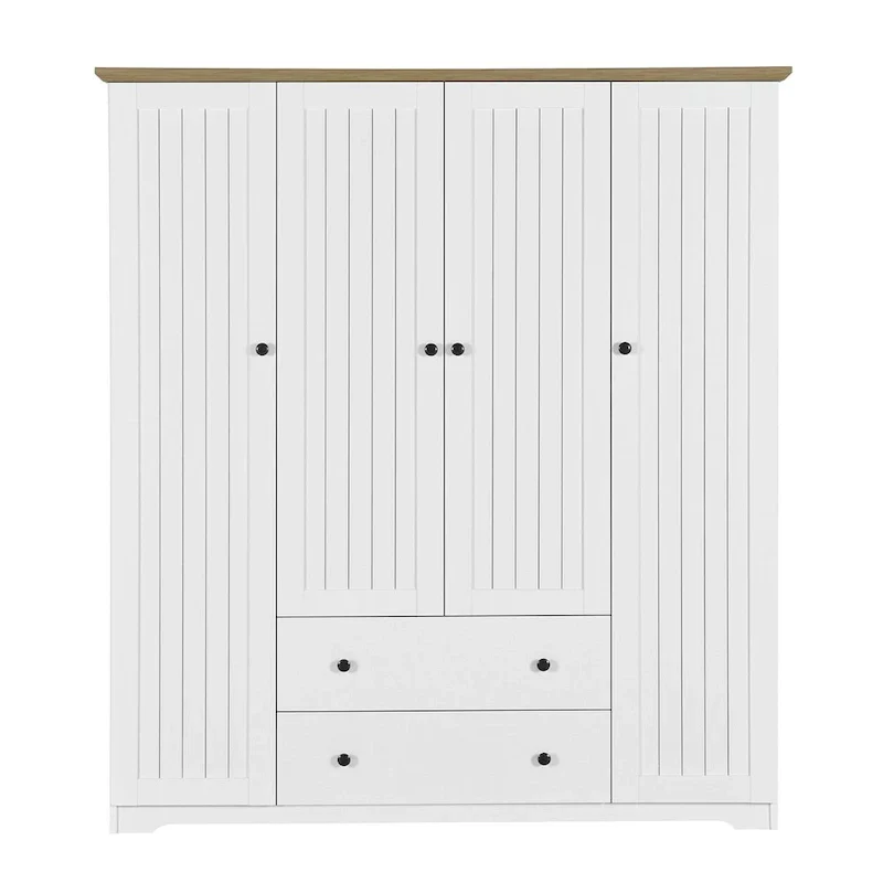 Freestanding 4-Door Wardrobe Armoire with 2 Drawers and Hanging Rods for Clothes Storage
