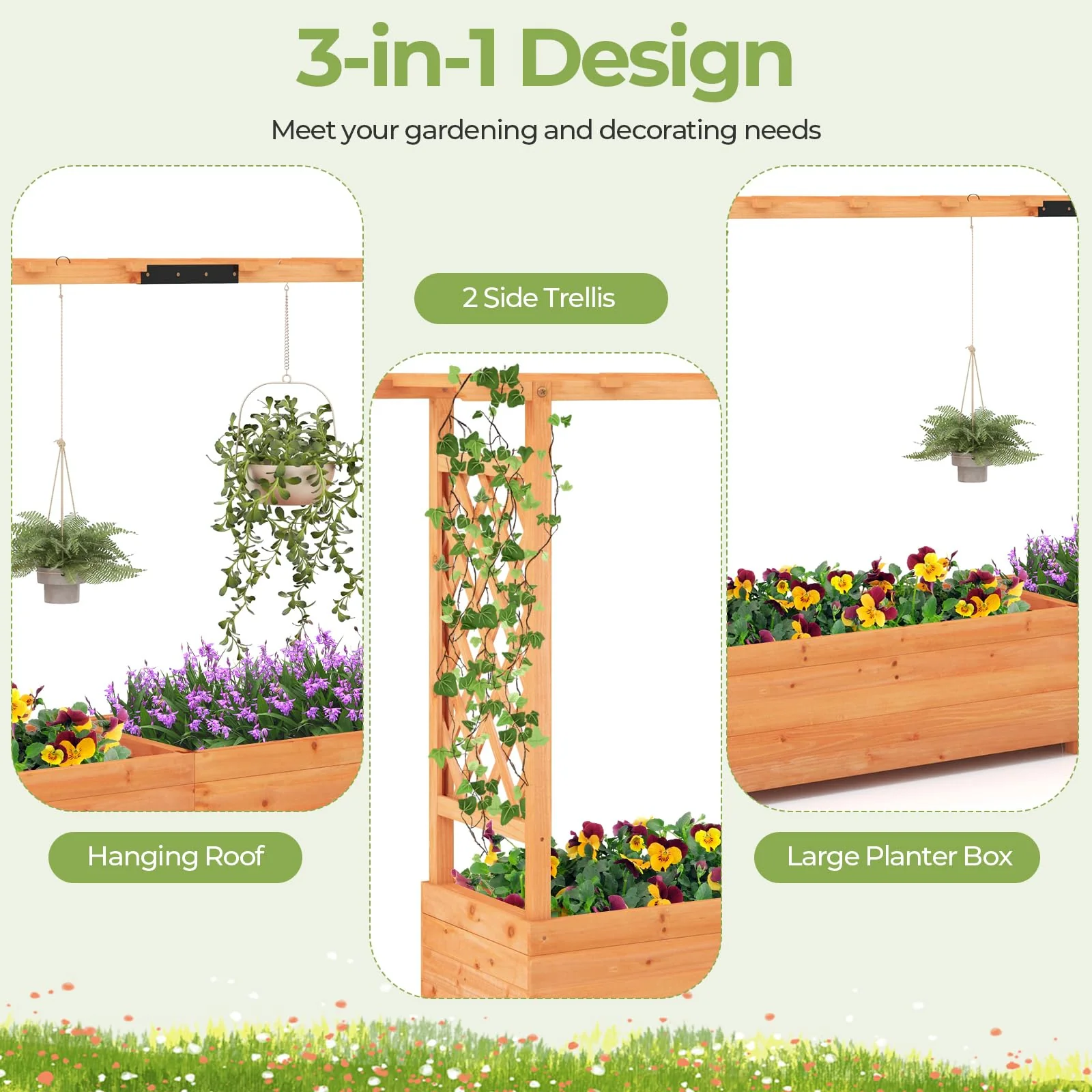 Eletriclife Fir Wood Raised Garden Bed with 2-Sided Trellis and Hanging Roof