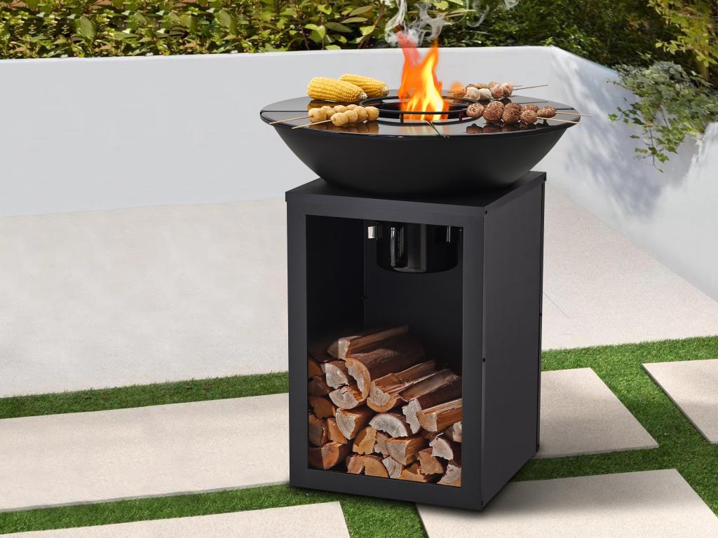 Barbacoa plancha brasero a carbón y madera con compartimento 80 x 80 x 96 negro - IGNOS