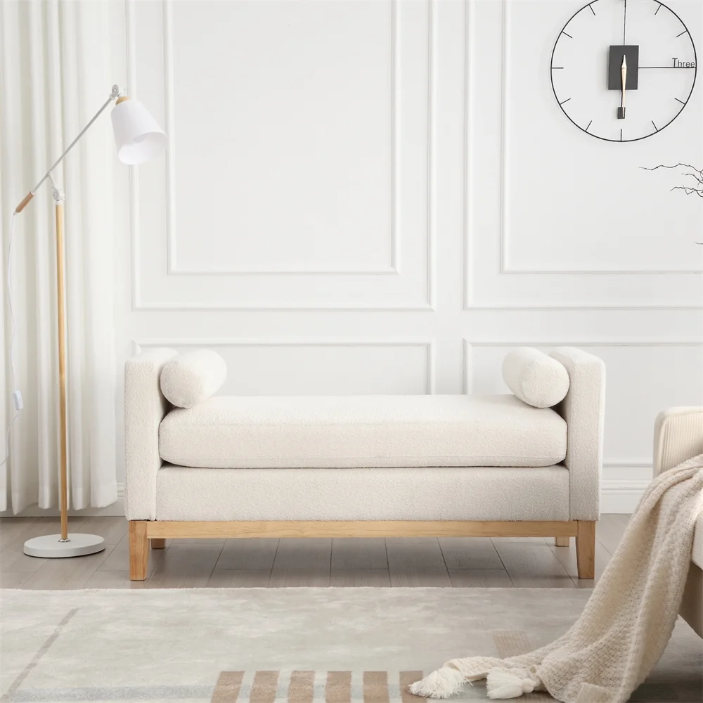 53.5"W Elegant Upholstered Bench with Wood Legs & Round Pillows,Comfy Boucle Fabric Footrest with Arms, Entryway Bench for End of Bed, Bedroom and Living Room, Ivory - Image 2